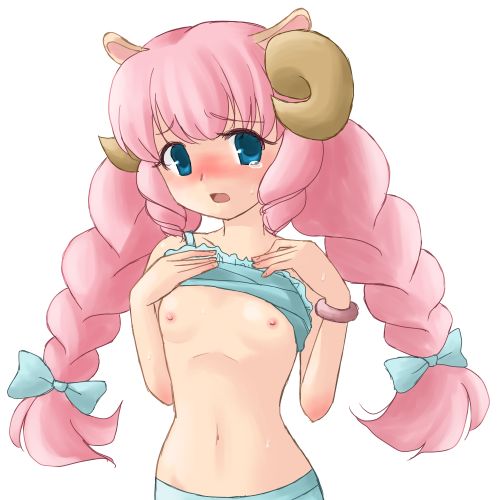 animal_ears blush bra bra_lift bracelet braid flat_chest horns jewelry lingerie lowres nipples pink_hair sheep sheep_(trickster) sheep_ears trickster trickster_online twin_braids underwear