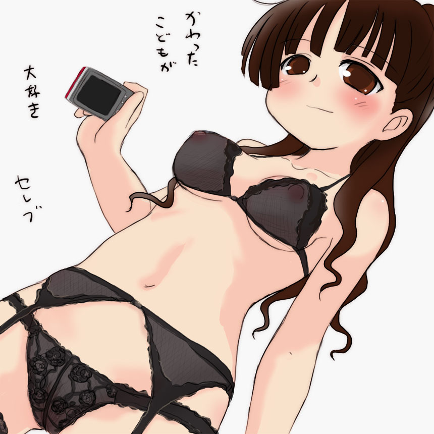 1girls black_bra black_panties bra breasts brown_eyes brown_hair camera check_translation clothing female garter_belt lingerie long_hair matching_underwear mitsudo_moe mitsudomoe nipples panties pubic_hair see-through stockings sugisaki_marina thighhighs translated translation_request underwear yuuichi_(tareme_paradise)