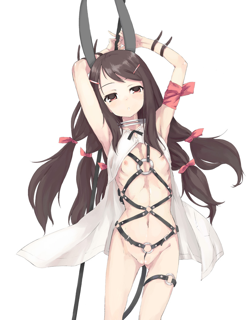 1girls animal_ear armpits arms_up bondage bottomless bow brown_eyes brown_hair bunny_ear female flat_chest hair_ornament hairbow hairclip long_hair navel nipples no_bra open open_clothes open_shirt original pussy red_eyes ribs shirt simple_background solo strap u_(the_unko)