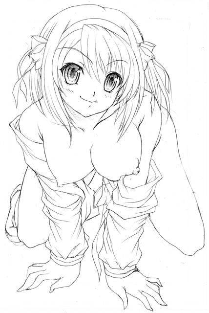 all_fours breasts hairband hanging_breasts map_(artist) monochrome nipples short_hair suzumiya_haruhi suzumiya_haruhi_no_yuuutsu