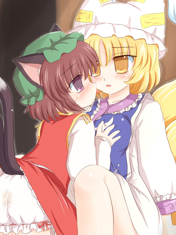 animal_ears blonde_hair bloomers bloomers_(victorian) blush breast_grab breasts brown_hair cat_ears cat_tail chen china_dress chinadress chinese_clothes female fox_ear fox_tail hat kissing multiple_girls multiple_tails pussy_juice ran_yakumo ry saliva saliva_trail short_hair stain tail touhou uncensored wet yuri