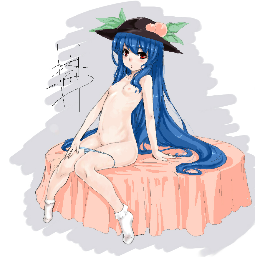 bed beige_skin blue_hair bobby_socks color female female_only flat_chest food footwear fruit hat human kirisato_itsuki legs long_hair nude oekaki open_eyes panties panty_pull peach_(fruit) red_eyes sitting socks solo straight_hair tenshi_hinanawi touhou underwear undressing white_legwear