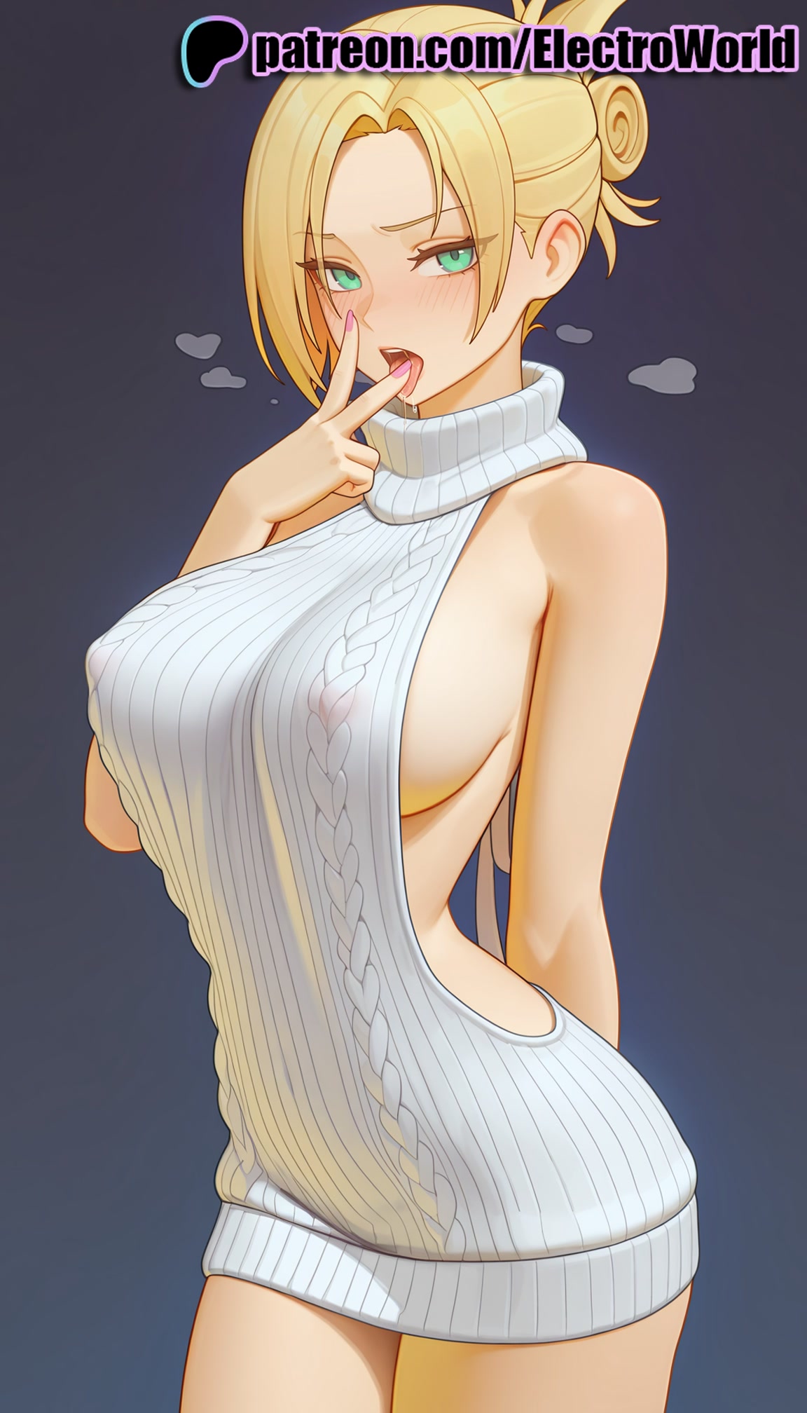 1girls, 2025, ai generated, annie leonhardt, aran sweater, artist name, attack on titan, backless dress, backless outfit, bare back, bare shoulders, big breasts, big chest, blonde hair, breasts, bust, busty, chest, cowboy shot, dress, electroworld, female, green eyes, hi res, high quality, high resolution, highres, large breasts, looking at viewer, meme attire, naked sweater, patreon, patreon username, ribbed sweater, shingeki no kyojin, sideboob, solo, stable diffusion, sweater, turtleneck, virgin killer sweater, watermark