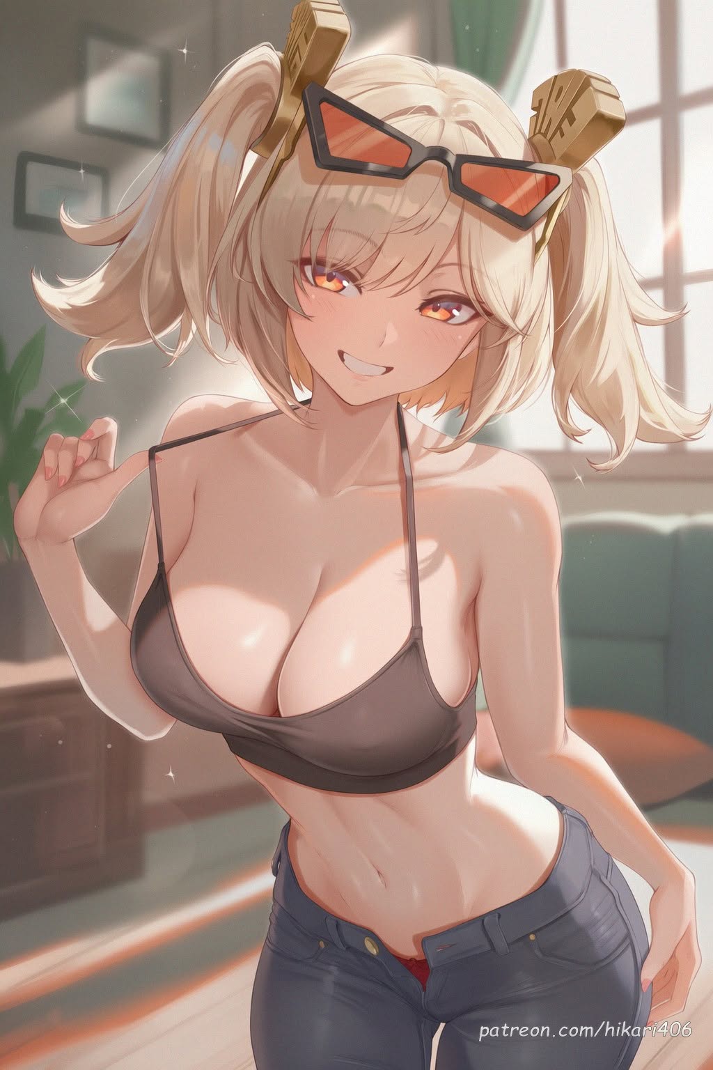 ai generated, bare arms, bare shoulders, blonde hair, blush, breasts, burnice white, camisole, cleavage, collarbone, cowboy shot, crop top, denim, eyewear on head, female, grin, hair ornament, hand up, hikari406, indoors, jeans, large breasts, looking at viewer, midriff, navel, open fly, orange eyes, panties, pants, panty peek, red panties, short hair, smile, solo, spaghetti strap, standing, stomach, strap pull, sunglasses, twintails, uncensored, underwear, window, zenless zone zero