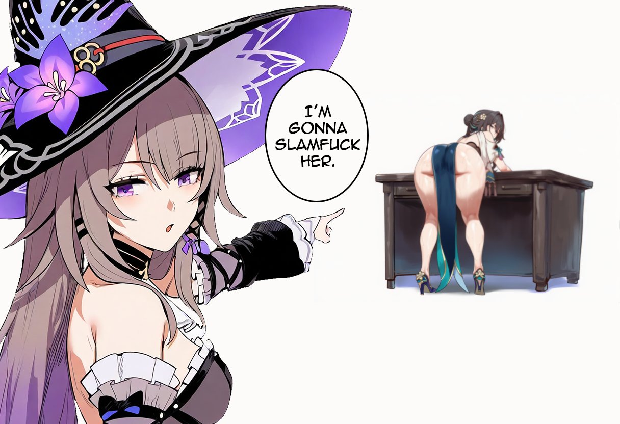 ai generated, bent over, breasts, bubble ass, bubble butt, clothed, curvy, curvy female, curvy figure, depth of field, desk, english text, female, fully clothed, genlation, hat, heels, herta (honkai: star rail), honkai (series), honkai: star rail, hoyoverse, huge ass, meme, pointing, pointing soyjak, ruan mei (honkai: star rail), simple background, small breasts, speech bubble, tagme, text, text bubble, the herta (honkai: star rail), thick, thick thighs, white background, witch hat, yuri