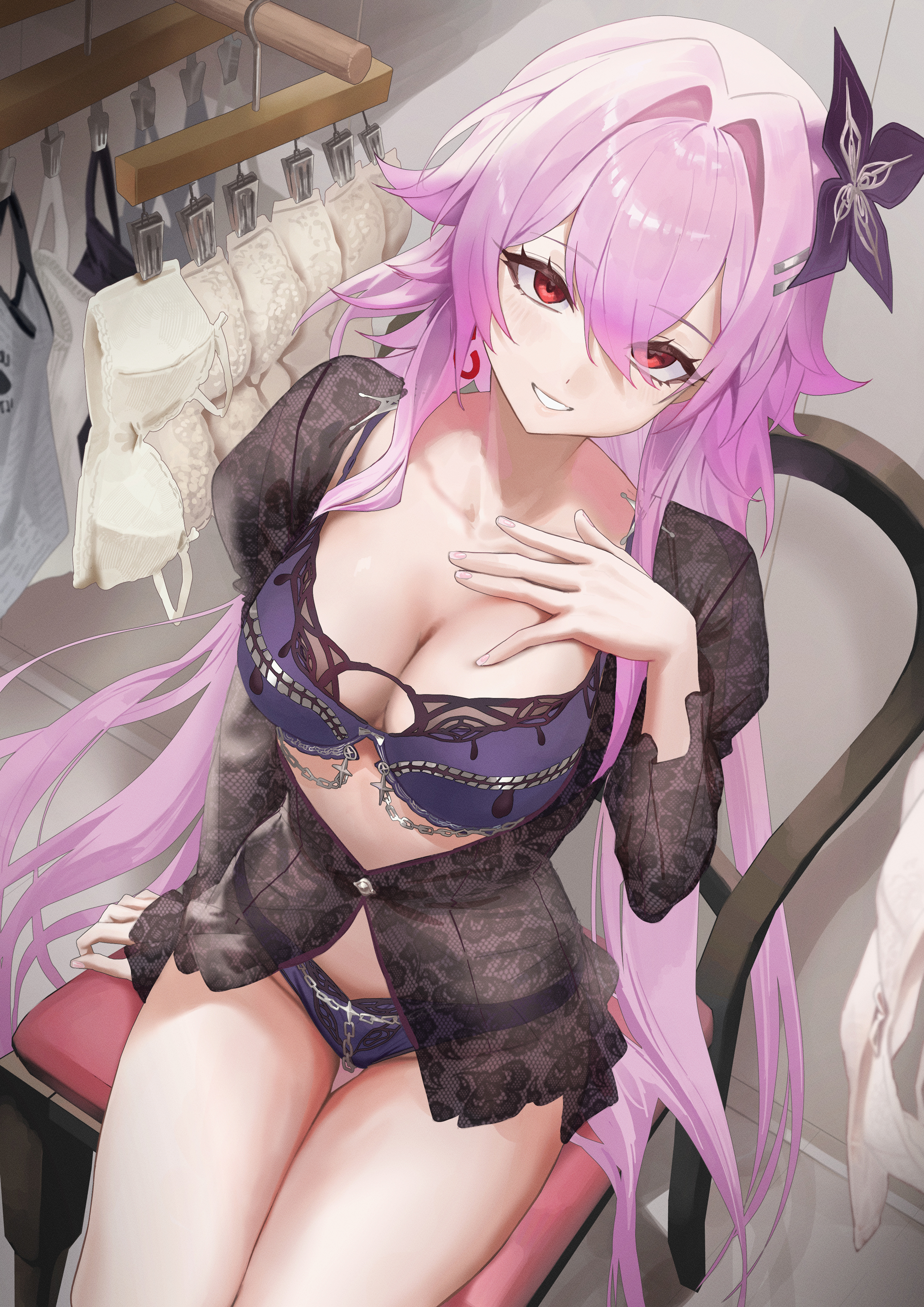 1girls, black lingerie, bra, evernight (honkai: star rail), female, honkai: star rail, lingerie, long hair, march 7th (honkai: star rail), pink hair, red eyes, salmon88, sitting, sitting on chair, underwear