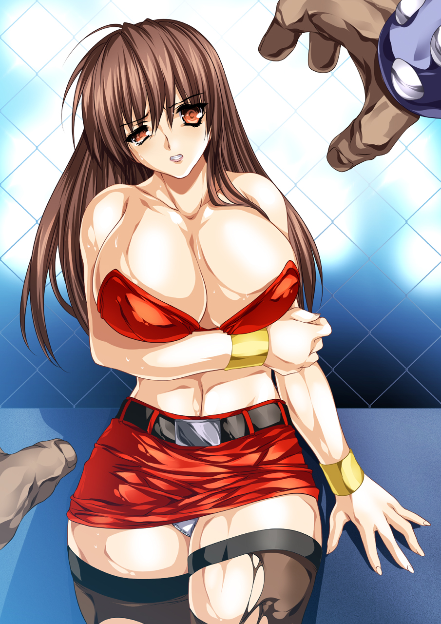 1girls bare_shoulders belt blaze_fielding bra bracer breasts brown_eyes brown_hair cleavage clenched_teeth color defeated female highres large_breasts leggings midriff miniskirt panties sega skirt smash_daisaku streets_of_rage tears thighhighs torn_clothes underwear white_panties wrist_cuffs