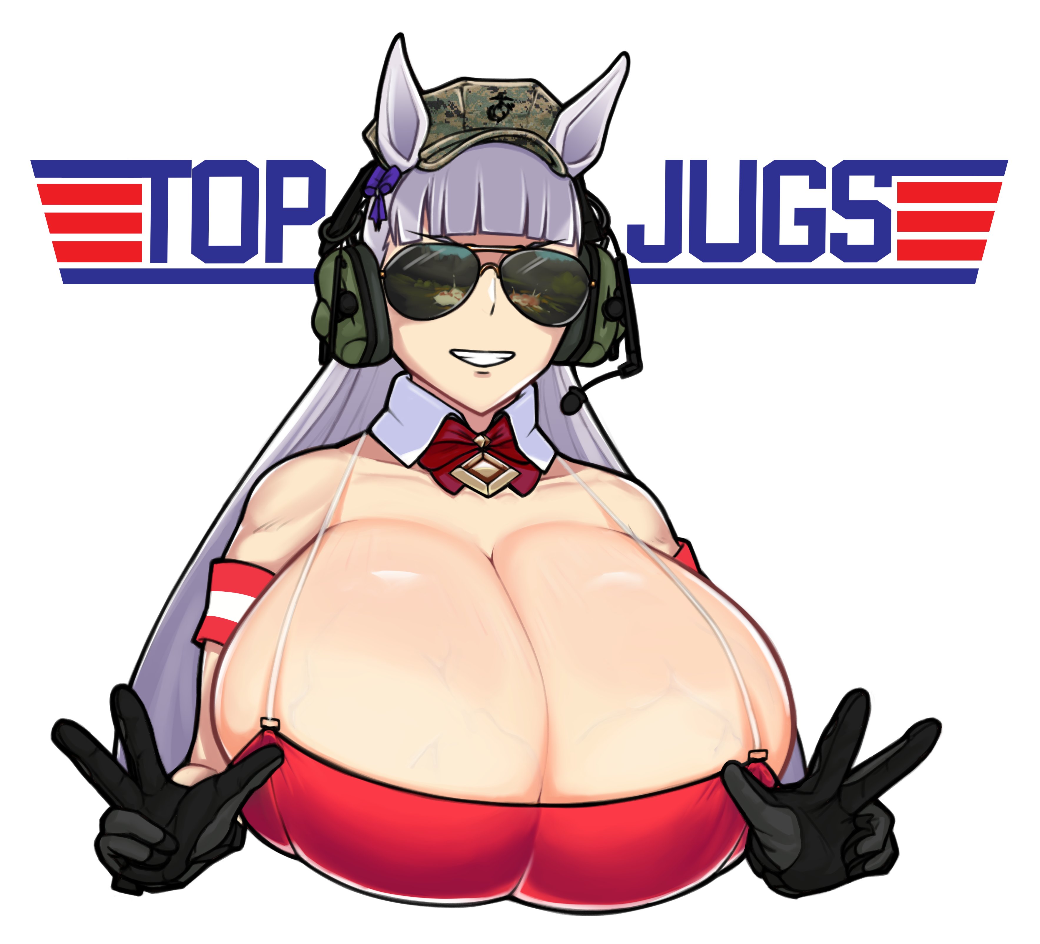 1girls, alternate version available, aviator sunglasses, big breasts, breasts, breasts bigger than head, english text, enormous breasts, female, gigantic breasts, gloves, gold ship (umamusume), headgear, headphones, huge breasts, large breasts, light skin, light-skinned female, long hair, marine corps, massgrave, military, military hat, peace sign, simple background, smile, smiling at viewer, solo, solo female, stretch marks, sunglasses, text, tinted eyewear, top heavy, umamusume, umamusume pretty derby, usmc, veiny breasts, voluptuous, voluptuous female, white background, white hair