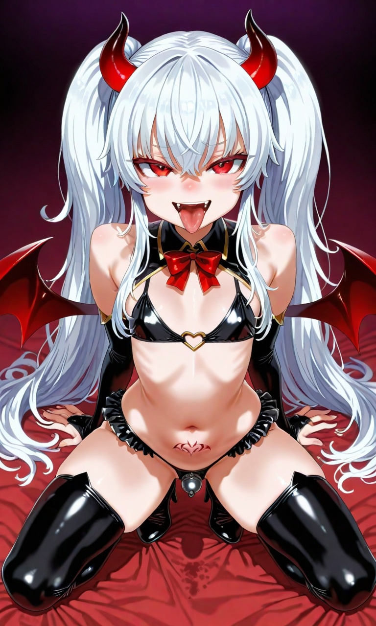 ai generated, bombergirl, chastity cage, femboy, flat chastity cage, flat chested, grim aloe, horns, male, skinny, succubus, succubus tattoo, tongue out
