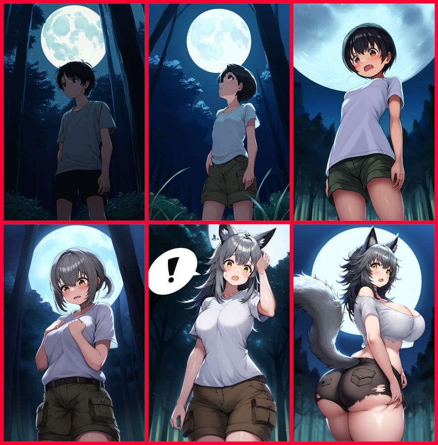 1boy 1girls ai_generated anime ass ass_expansion big_ass big_breasts black_hair blush breast_expansion breasts brown_eyes cleavage deviantart ear_growth eye_color_change female forest furry gender_transformation grey_hair hair_color_change hair_growth huge_ass huge_breasts long_hair looking_at_viewer looking_back male male_to_female moon mtf_transformation night night_sky open_mouth outdoors outside shiftybytes shirt shorts silver_hair species_transformation tail_growth thick_thighs thigh_expansion torn_clothes torn_shirt torn_shorts transformation transformation_sequence werecanid werecanine werewolf werewolf_girl wide_hips wolf wolf_girl yellow_eyes