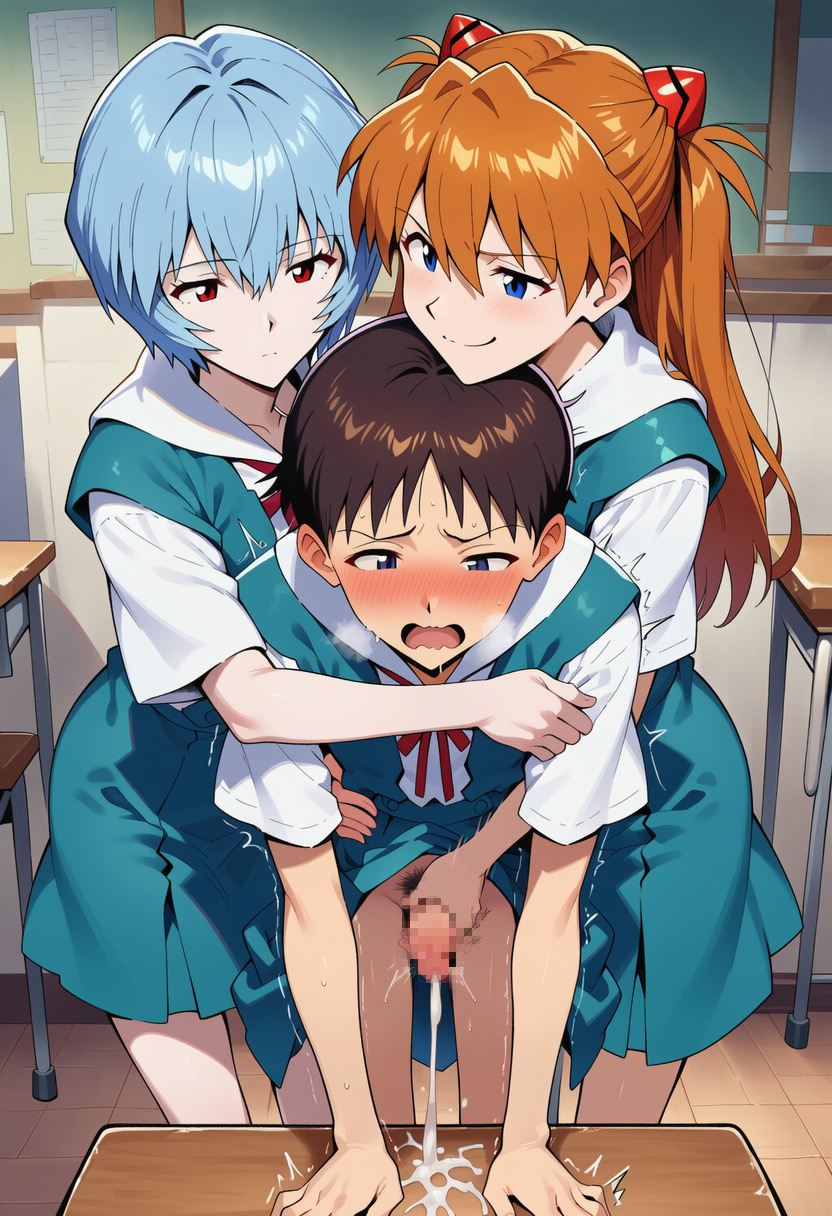 ai generated, asuka langley sohryu, censored, classroom, crossdressing, cum, cumming, embarrassed nude femboy, female, femboy, ffm threesome, handjob, male, masturbation, milking, milking penis, neon genesis evangelion, no panties, penis, pubic hair, rei ayanami, school uniform, shinji ikari, shivering, submissive, submissive male