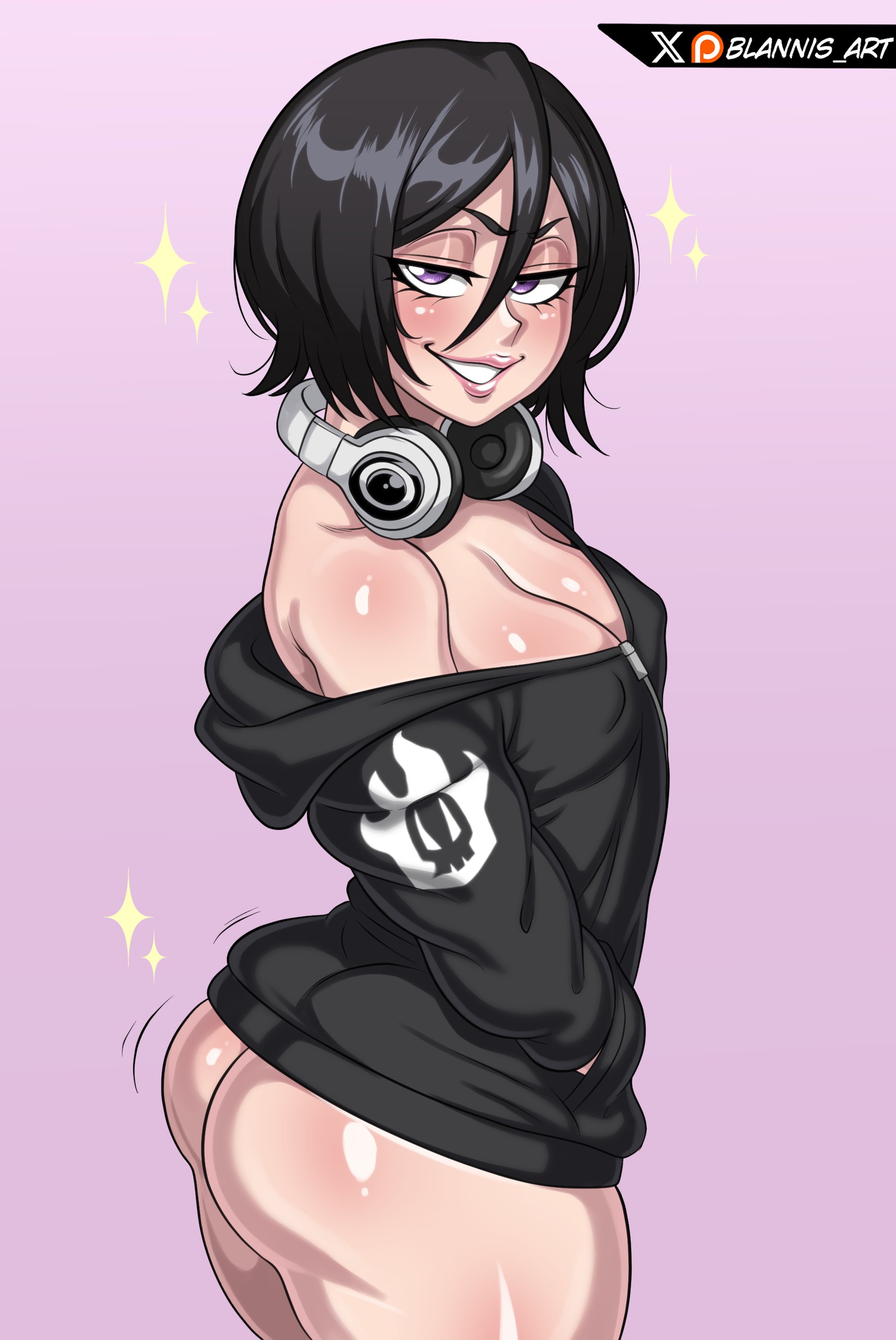 1girls, absurd res, absurdres, artist logo, artist name, asian, asian female, ass, ass focus, big ass, big booty, big butt, black hair, blannis art, bleach, booty, booty focus, bottom heavy, bottom heavy female, breasts, bubble butt, butt focus, clothing, dark hair, exposed, exposed ass, exposed butt, female, female focus, female only, flat chest, flat chested, fuck me eyes, half-closed eyes, headphones, headphones around neck, highres, hoodie, hoodie only, huge ass, huge booty, huge butt, jiggle, jiggling, jiggling ass, jiggling butt, kuchiki rukia, light skin, light-skinned female, nipple bulge, nipple outline, nipples, nipples visible through clothing, patreon, patreon logo, patreon username, petite, petite body, petite breasts, petite female, petite tits, presenting, presenting ass, presenting butt, purple eyes, shake, shake lines, shaking, shaking ass, shaking butt, shaking lines, short hair, short-haired female, shortstack, small boobs, small breasts, small tits, smile, smiley face, smiling, smug, smug face, solo, sparkle, sparkles, sparks, thick, thick ass, thick butt, thick legs, thick thighs, twitter, twitter logo, twitter username, zipper