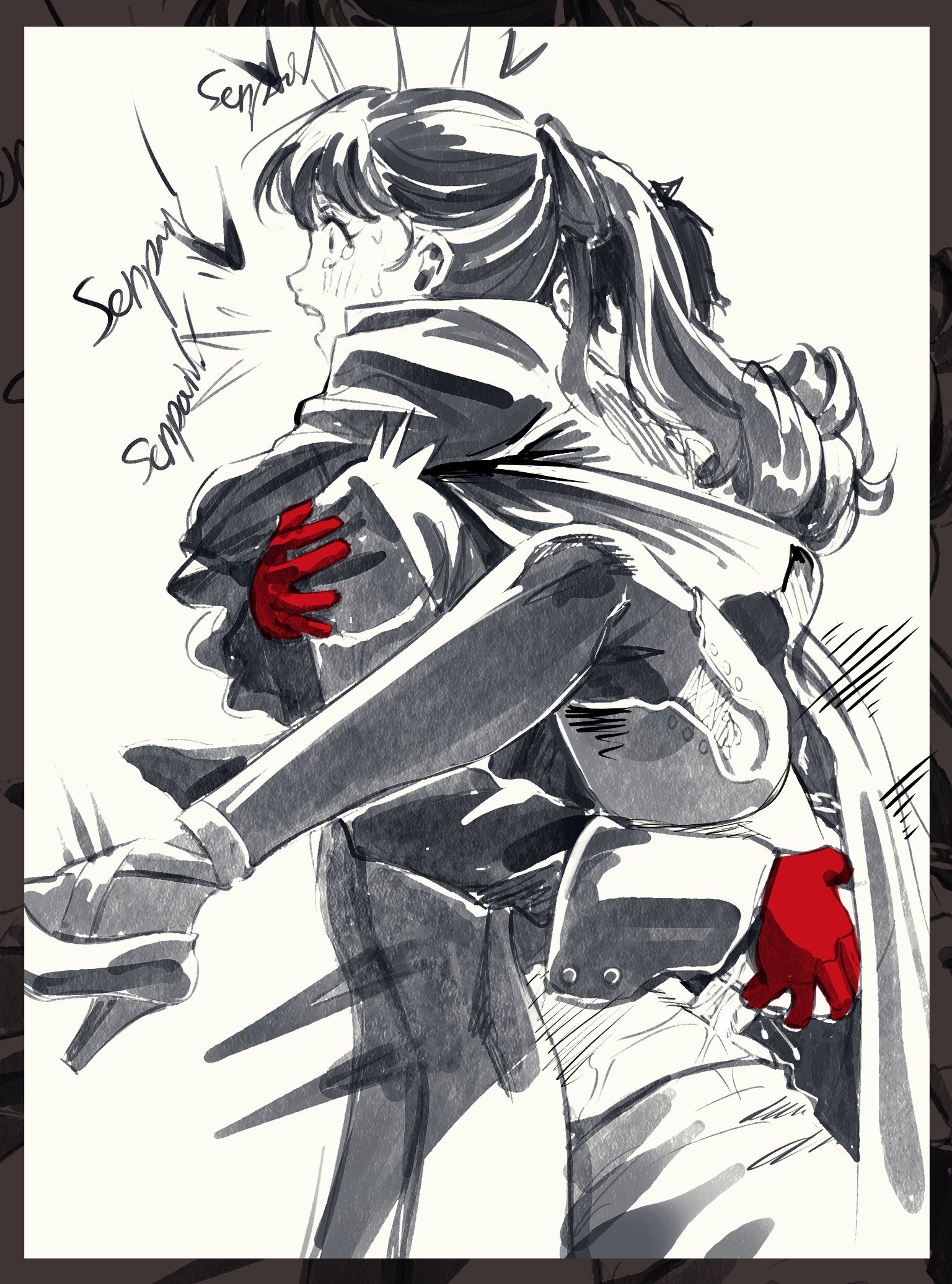 clothed sex, cum in pussy, cum inside, female, gloves, handdrawn, held up, hugging another, joker (persona), kasumi yoshizawa, persona, persona 5, phantom thief suit, ponytail, pussy, questionable consent, ren amamiya, sketch, sumire yoshizawa, surprised, surprised expression, sweat, tears