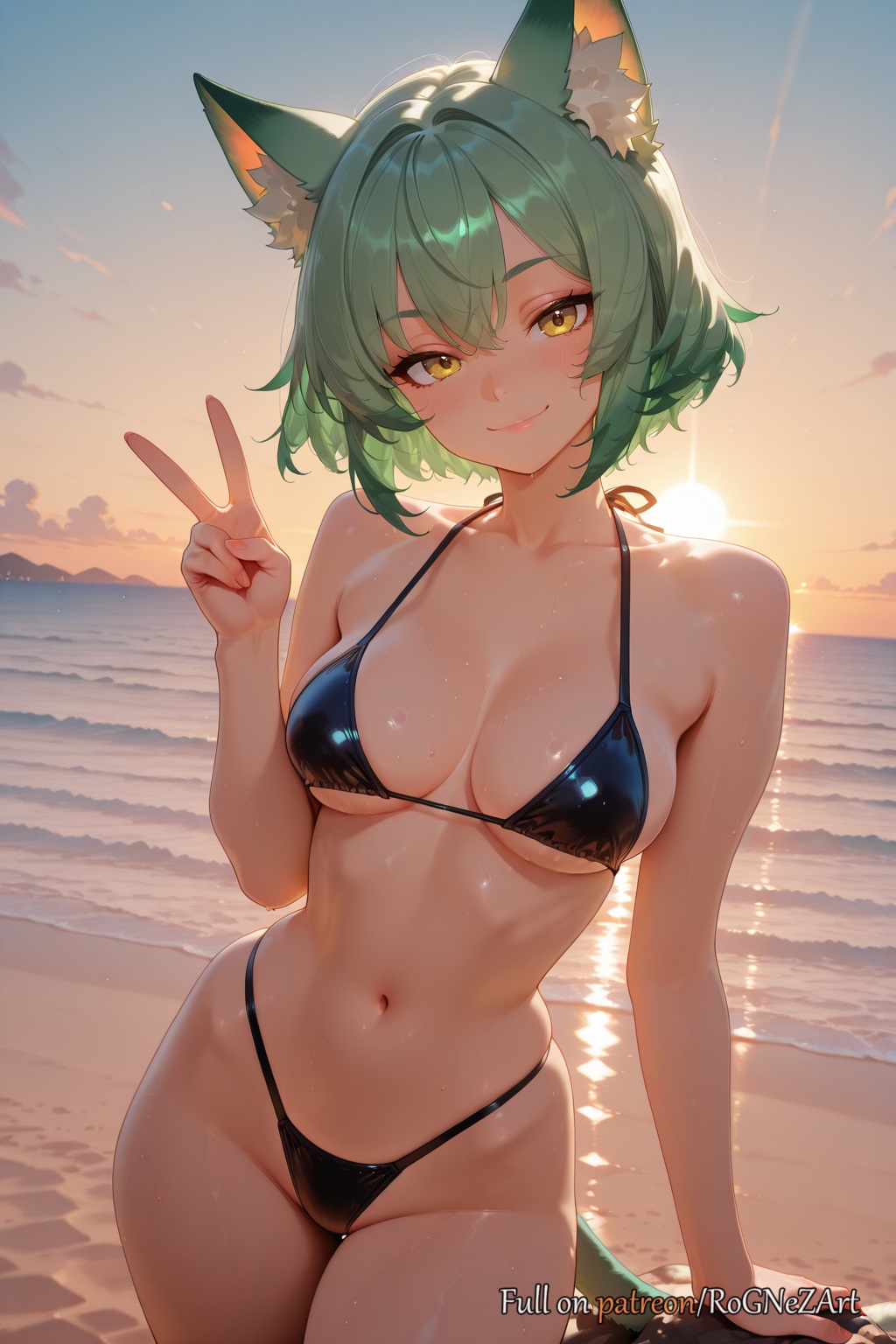2025, 2d, ai generated, animal ear fluff, animal ears, animal tail, anime, backlighting, bangs, bare shoulders, beach, bikini, black bikini, blush, breasts, cat ears, cleavage, closed mouth, cloud, collarbone, crossover, dutch angle, eye contact, female, female focus, female only, flushed, girl dm, green hair, hair between eyes, halterneck, hand up, highleg, highleg bikini, highres, horizon, huge breasts, large breasts, looking at viewer, medium breasts, midriff, navel, neutral expression, ocean, outdoors, patreon, rognezart, short hair, skindentation, sky, smile, smiling, solo, stomach, string bikini, sunset, swimsuit, tagme, tail, thick thighs, thighs, twitch, v, virtual youtuber, vtuber, water, wet, yellow eyes, youtube