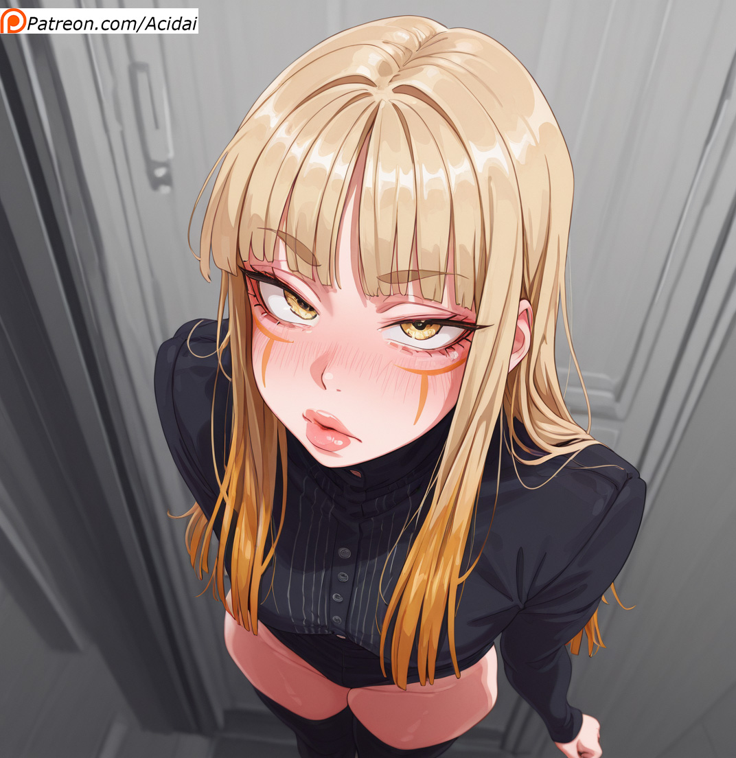acidai, ahe gao, ai generated, bangs, blonde hair, bulge, bulge through clothing, femboy, interracial, long hair, long socks, original, puffy lips, yellow eyes