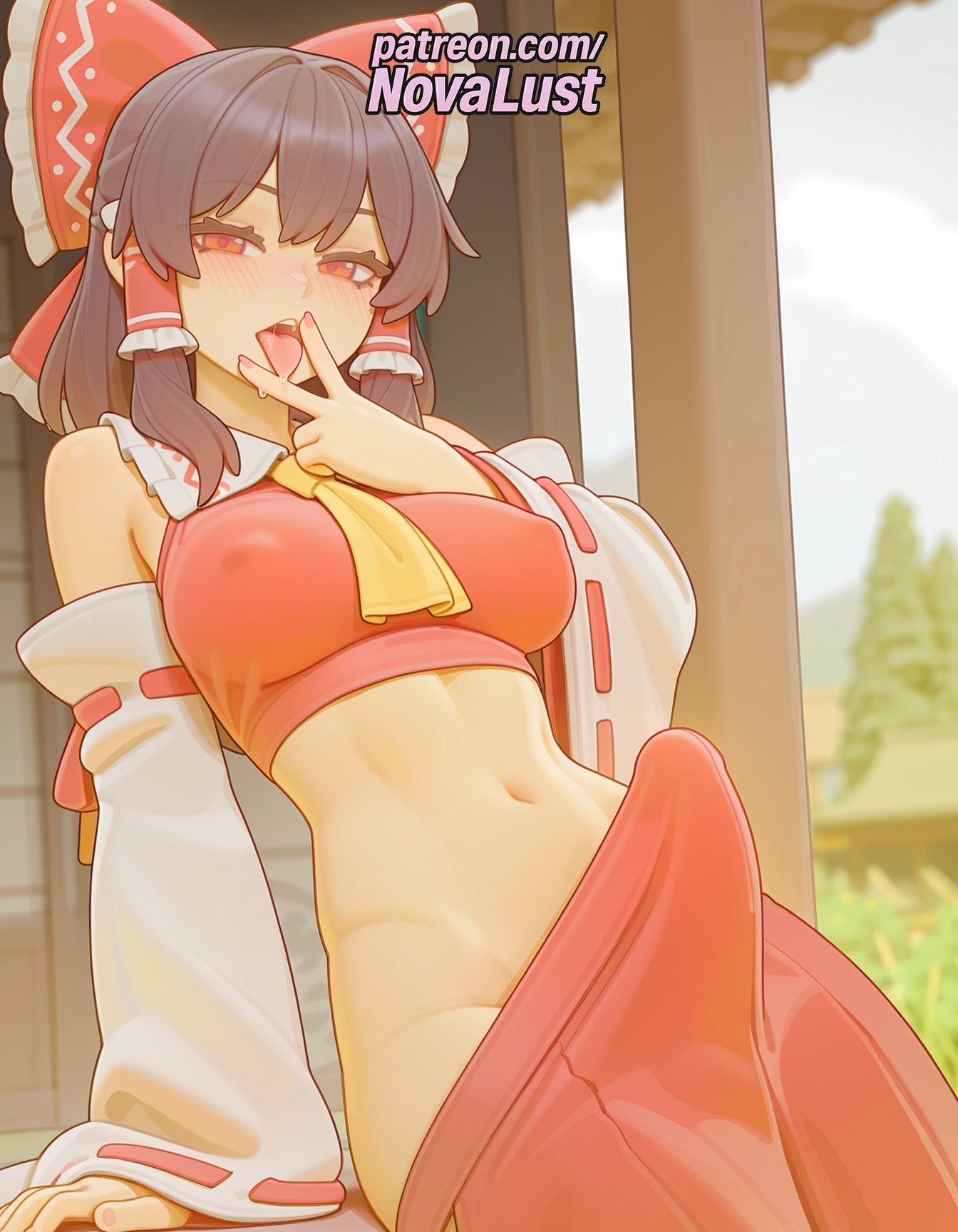 1futa, 2025, ai generated, artist name, ascot, bare shoulders, blurry, blush, bow, breasts, brown eyes, brown hair, bust, chest, detached sleeves, futanari, hair tubes, hairbow, hakurei reimu, hi res, high quality, high resolution, highres, intersex, miko, navel, nontraditional miko, novalust, open mouth, patreon, patreon username, red bow, red skirt, ribbon trim, ribbon-trimmed sleeves, skirt, solo, stable diffusion, tongue, touhou, watermark, wide sleeves