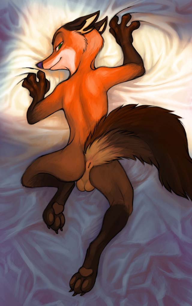 anthro anus ass balls barefoot canine claws disney fox fur half-closed_eyes looking_at_viewer looking_back lying maegsker male male_only mammal nick_wilde nude on_front pawpads paws presenting presenting_hindquarters sharp_claws smile solo toe_claws zootopia