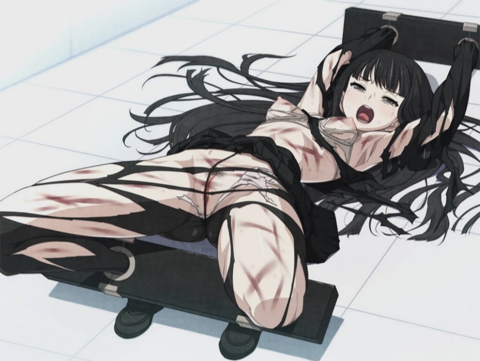 1girls, black eyes, black hair, blood, bondage, bound, breasts, bruise, byakuya rinne, chain-link fence, cuts, euphoria, euphoria (clockup), female, floor, game cg, hamashima shigeo, injury, long hair, nipples, official art, open mouth, panties, school uniform, shoes, silk, small breasts, solo, tears, tile floor, tile wall, tiles, torn clothes, torn legwear, torn panties, torn shirt, torn skirt, underwear, whip marks