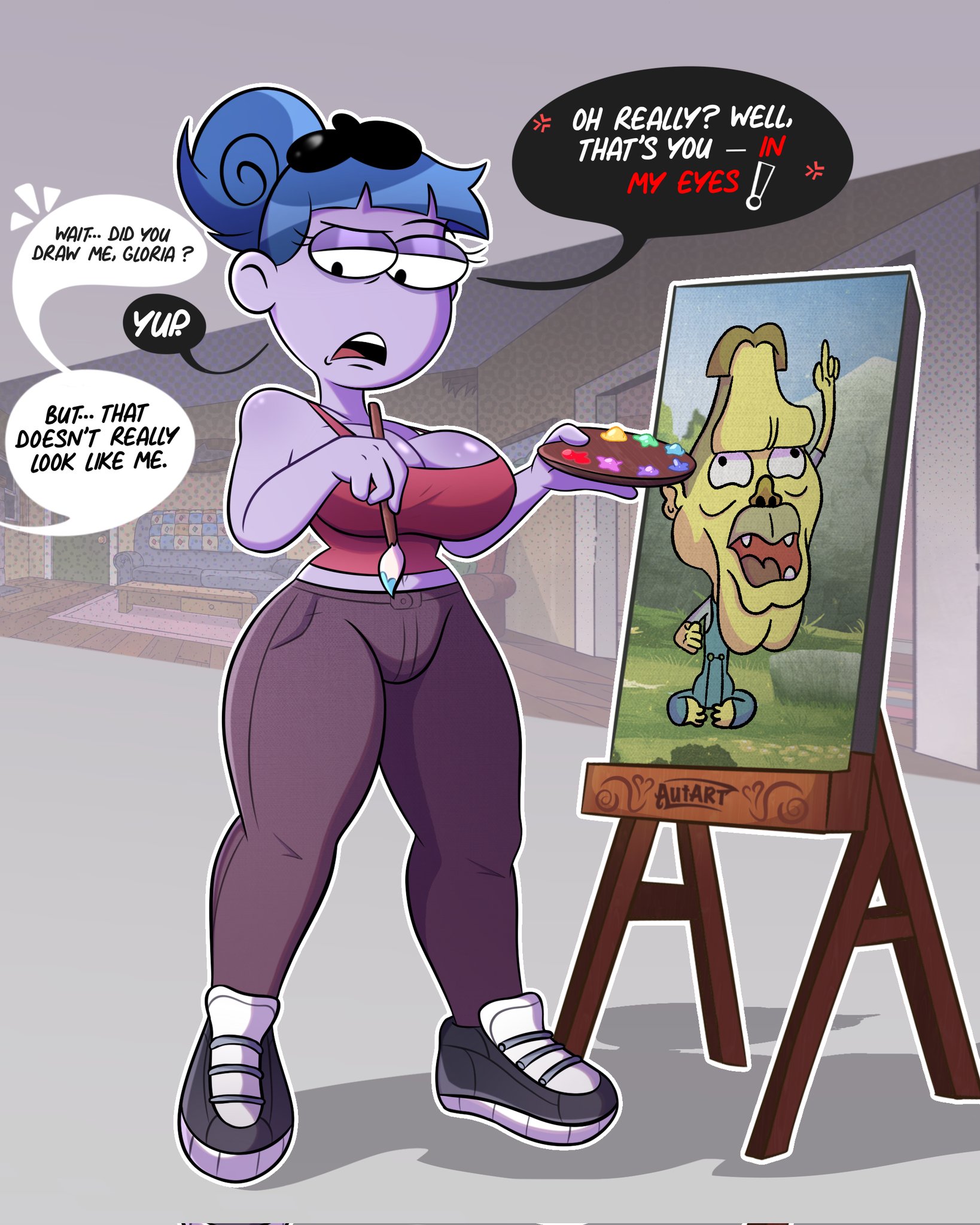 1girls, artist, ass, autart, big ass, big breasts, big city greens, blue hair, breasts, cartoon, cricket green, dialogue, disney, disney channel, female, female focus, female only, gloria sato, meme, purple skin, reference, shitpost, tawog, the amazing world of gumball, thick thighs
