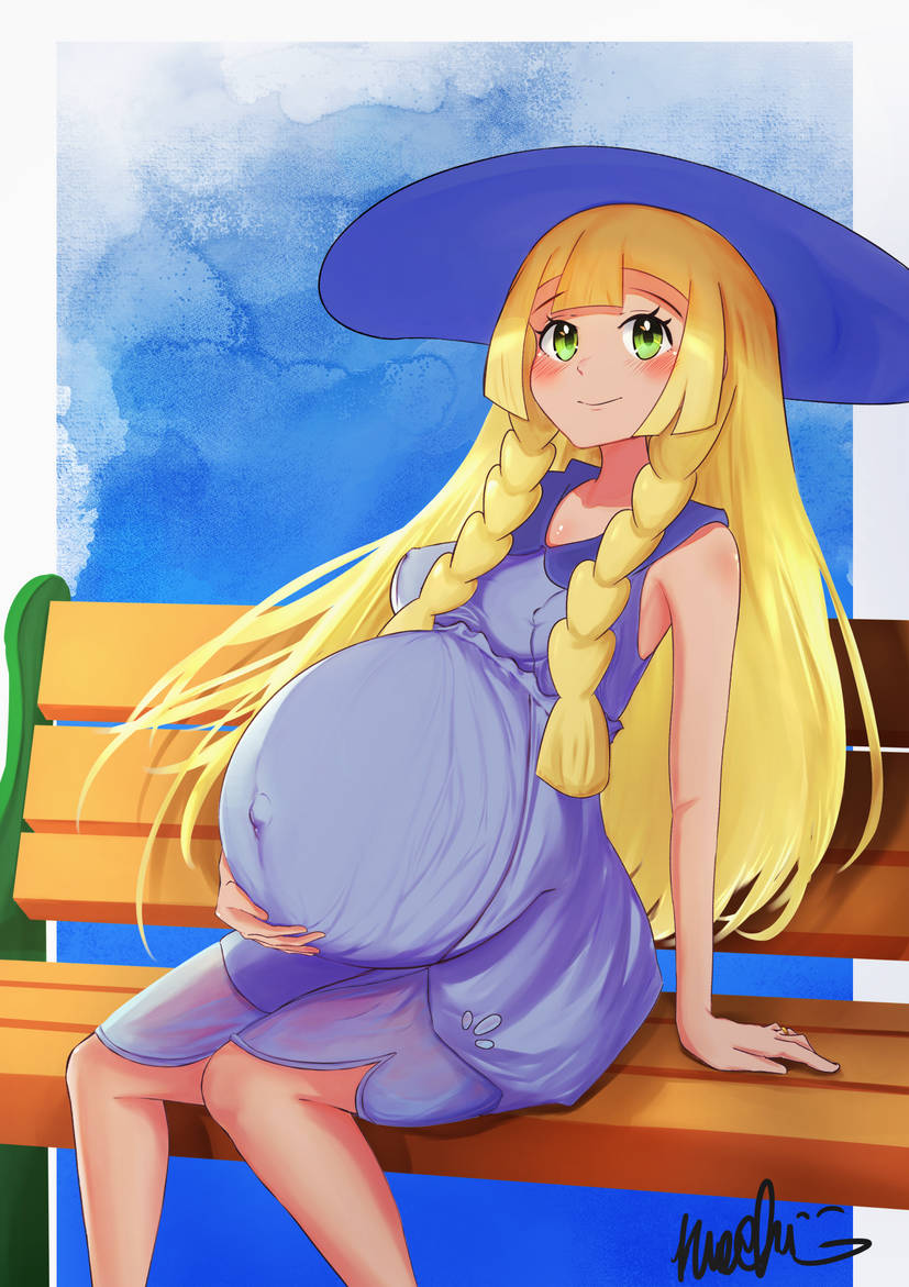 blonde female, blonde hair, blushing at viewer, female, green eyes, green eyes female, hat, lillie (pokemon), looking at viewer, maternity clothes, maternity dress, mochii89, pokemon, pokemon sm, pregnant, pregnant female, smiling at viewer, super belly, white dress