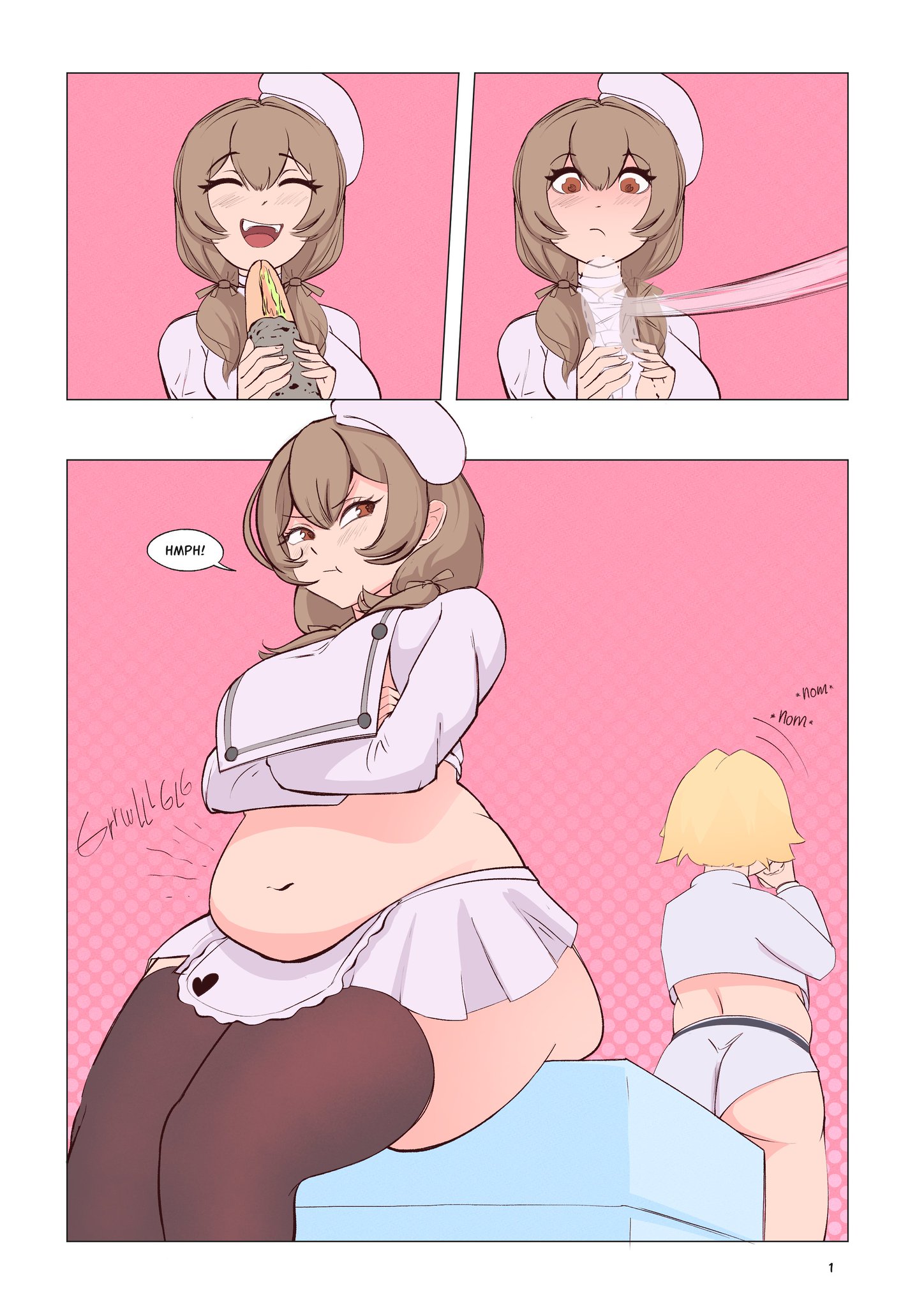 arejay, bbw, bready (nikke), comic, comic page, comic panel, elegg (nikke), fat, goddess of victory: nikke, stomach noises, tagme