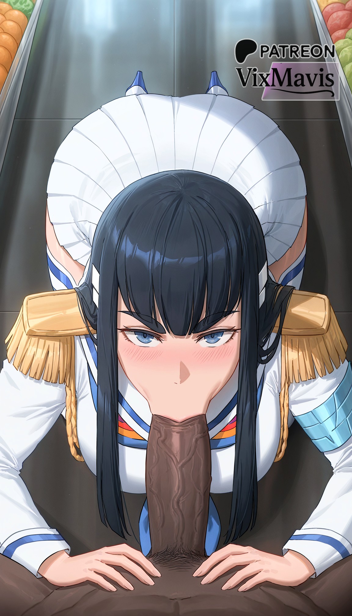 :>=, 1boy, 1girls, ai generated, all fours, black hair, blue eyes, blush, breasts, dark skin, dark-skinned male, epaulettes, erection, fellatio, female, food, interracial, kill la kill, kiryuuin satsuki, kneeling, large breasts, large penis, long hair, long sleeves, looking at viewer, male, male pubic hair, oral, penis, pleated skirt, pov, pov crotch, pubic hair, school uniform, skirt, solo focus, straight, thick eyebrows, thighhighs, tile floor, tiles, uncensored, veins, veiny penis, vixmavis, white skirt, white thighhighs