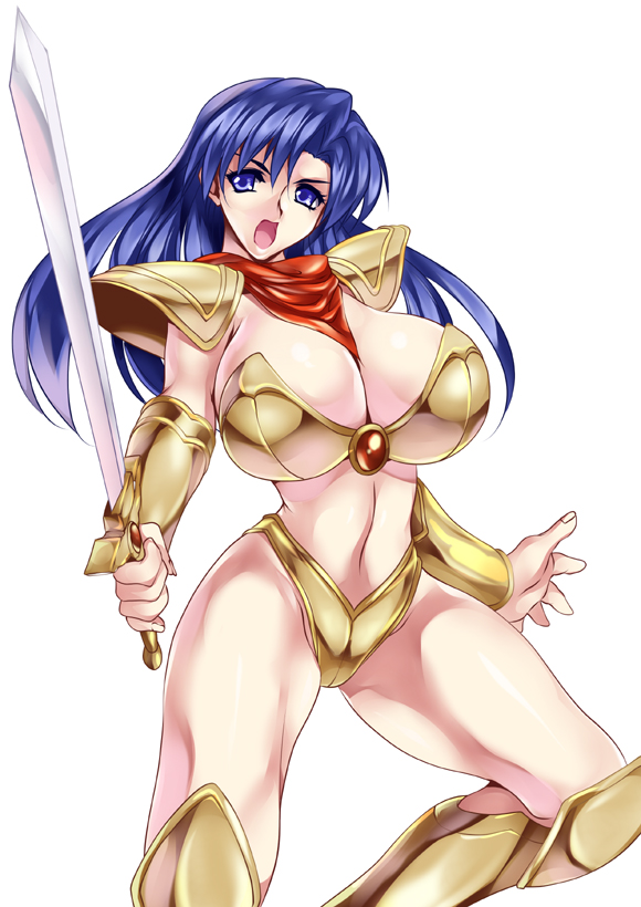 alternate_breast_size armor asou_yuuko bangs bikini_armor blue_eyes blue_hair breasts brooch cleavage clothing female huge_breasts knee_boots long_hair looking_at_viewer midriff neckerchief simple_background smash_daisaku solo sword telenet_japan valis valis_sword weapon white_background