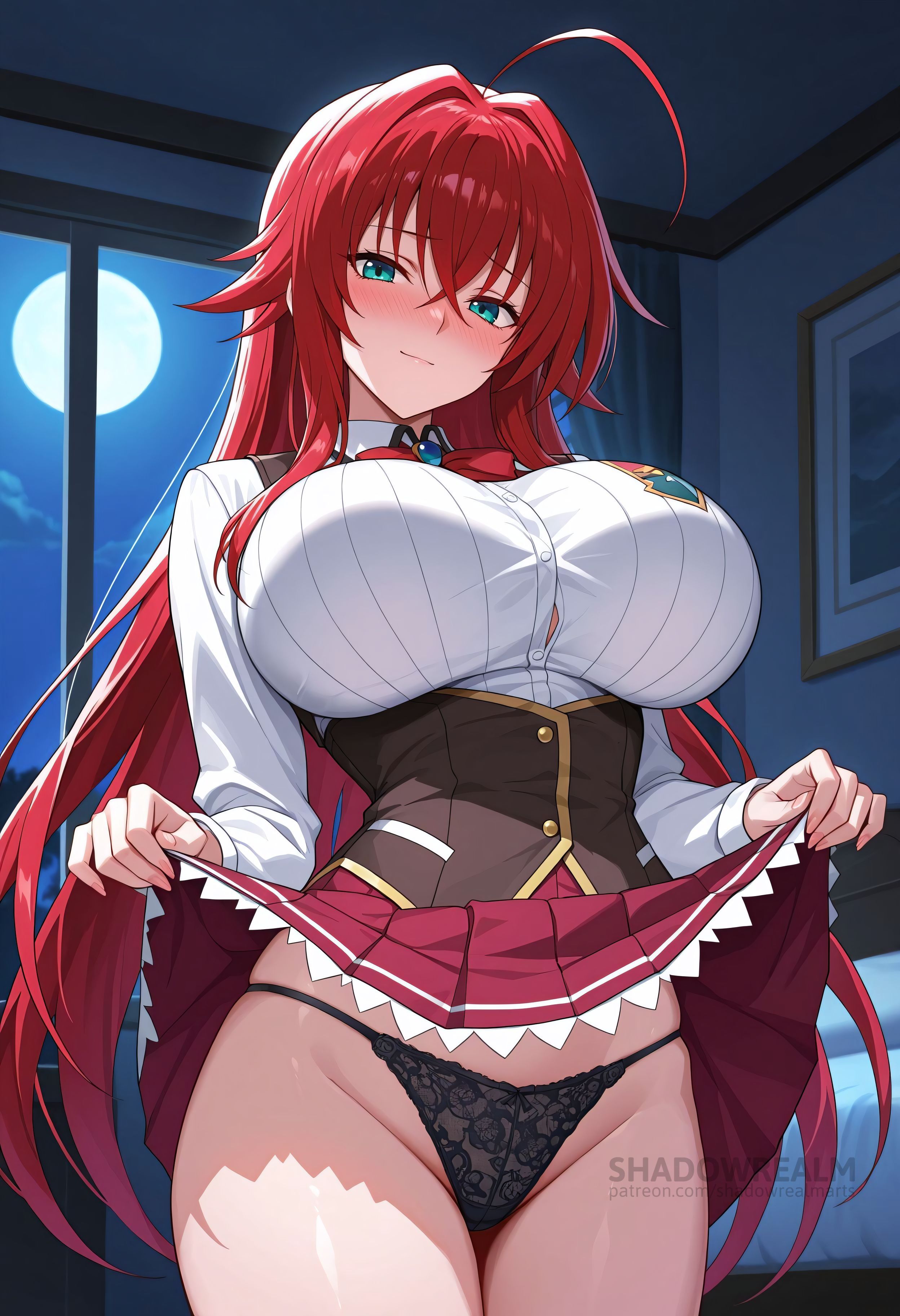 1girls, ahoge, ai generated, black corset, black panties, blue eyes, blush, breasts, closed mouth, clothes lift, collared shirt, corset, crossed bangs, female, female only, full moon, hair between eyes, high school dxd, huge breasts, indoors, large breasts, lifted by self, light-skinned female, long hair, long sleeves, looking at viewer, moon, night, night sky, panties, pleated skirt, red hair, red skirt, rias gremory, school uniform, shadowrealmarts, shirt, skirt, skirt lift, sky, smile, solo, thighs, uncensored, underbust, underwear, very long hair, white shirt, window