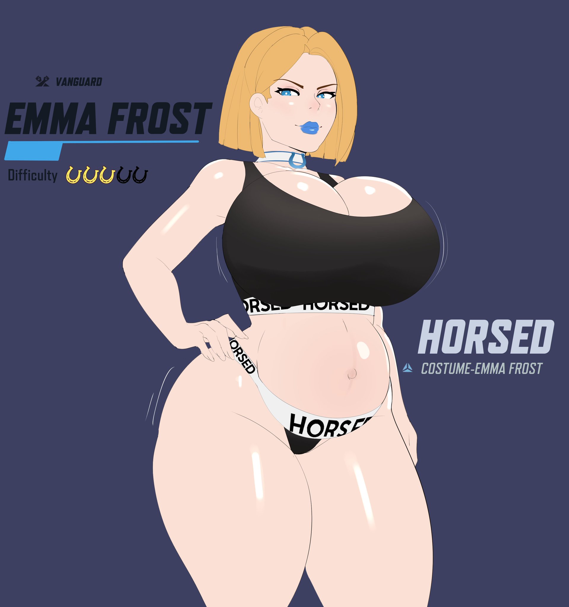 1girls, abs, alternate version available, big ass, big breasts, big thighs, blue background, blue eyes, blue lipstick, breasts, choker, emma frost, emma frost (marvel rivals), female, g3mma, game ui, horsed, horseshoe, implied bestiality, looking at viewer, looking down, looking down at viewer, marvel, marvel comics, movement lines, pregnant