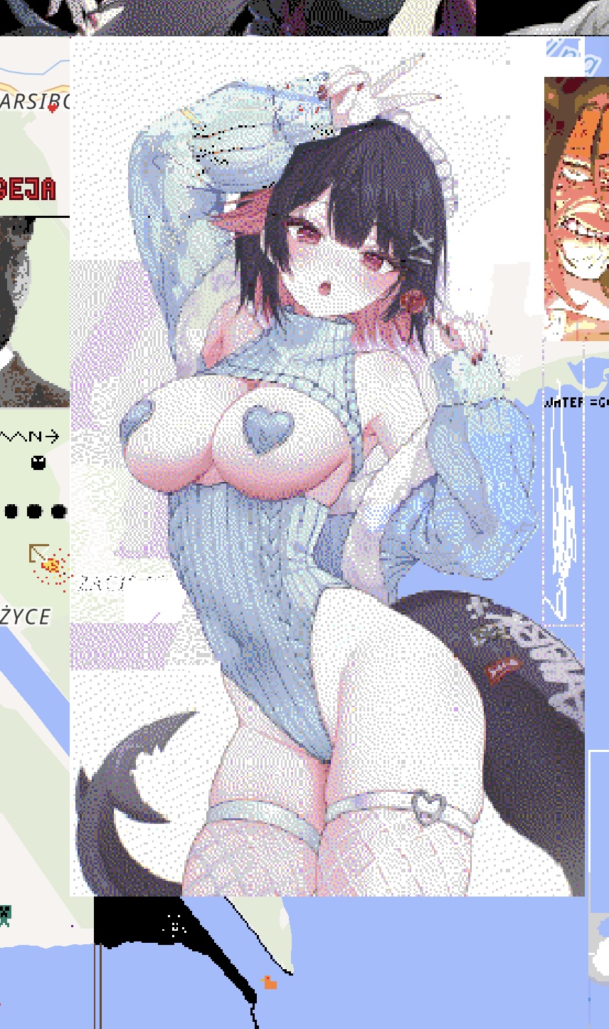 breasts, breasts out, clothed, ellen joe, female, pasties, peace sign, pixel art, shark girl, shark tail, stickers on body, wplace, zenless zone zero