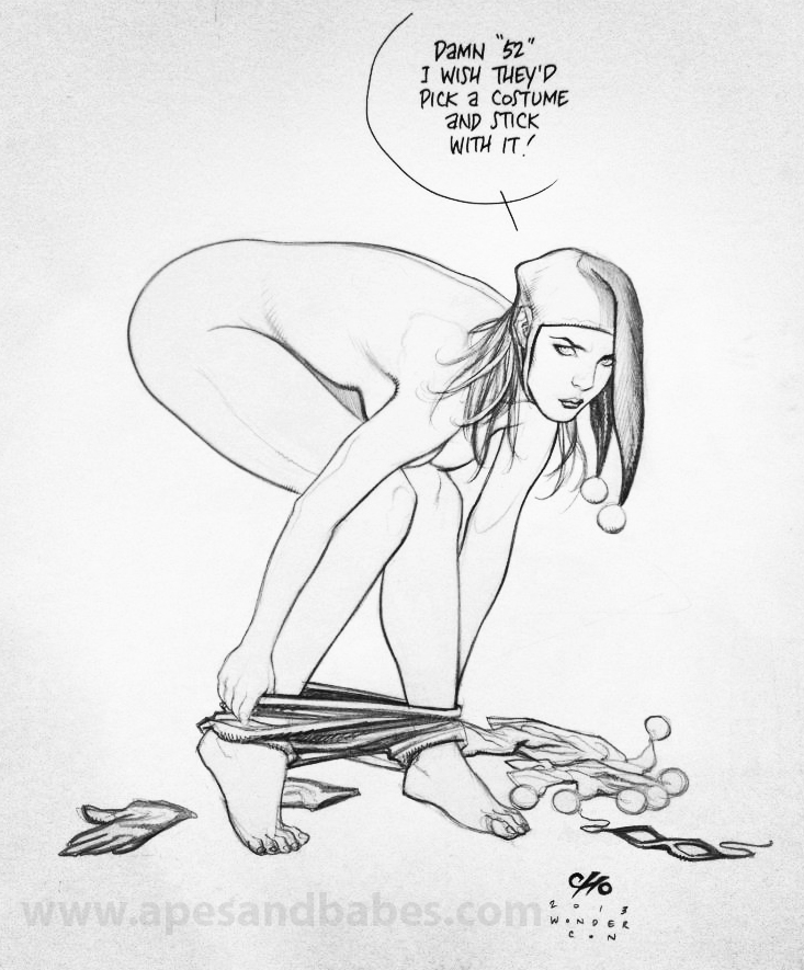 1girls 2013 batman_(series) dc dc_comics dressing embarrassed female female_only frank_cho harley_quinn monochrome nude solo supervillainess surprised watermark