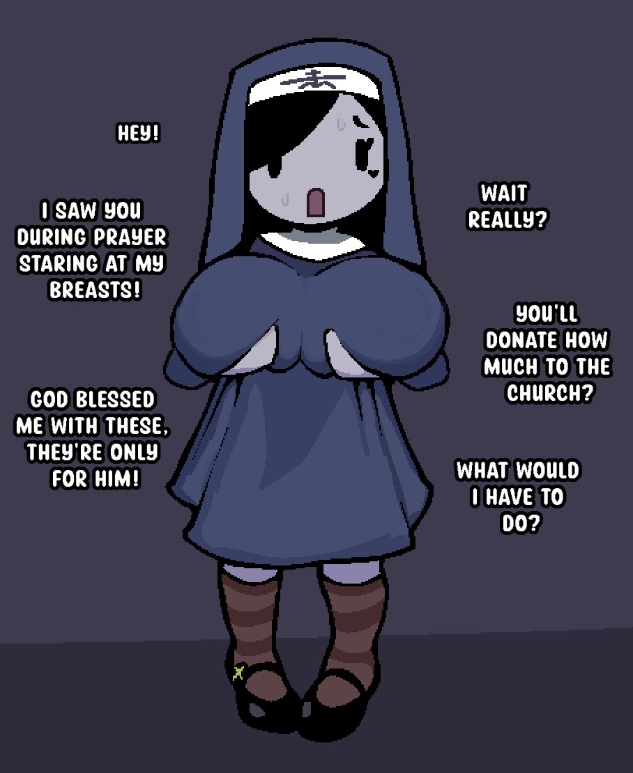 1girls, 2d, big breasts, breast grab, breasts, color, colored, cross, dialogue, dress, english, english text, female, female only, heart, heart symbol, holding breasts, implied pov, large breasts, mob face, nun, nun hat, nun outfit, nunii, shoes, socks, solo, solo female, tattoo, tattoo on cheek, text, uniimom