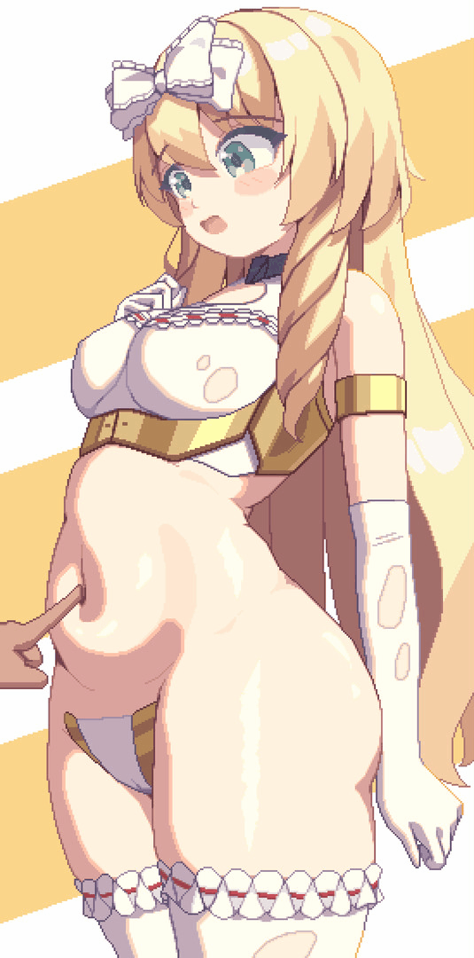 1boy, 1girls, animated, belly, belly button, big breasts, blonde hair, blue eyes, breasts, chubby, chubby female, female, male, navel, navel fetish, navel poke, piaomao, pixel animation, pixel art, small breasts, vertical video