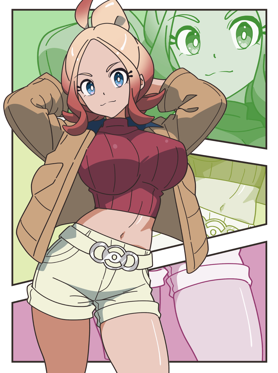 1girls, arms behind head, arms up, belt, blonde hair, blue eyes, breasts, brown jacket, closed mouth, commentary request, crop top, cropped shirt, female, female only, game freak, gradient hair, hair bun, highres, jacket, kanbei (pixiv11037490), large breasts, light smile, long sleeves, looking at viewer, midriff, multicolored hair, navel, nintendo, open clothes, open jacket, parted bangs, pink hair, pokemon, pokemon legends: z-a, red shirt, ribbed shirt, shirt, short shorts, shorts, sidelocks, solo, standing, taunie (pokemon), townie (pokemon), turtleneck, turtleneck shirt, white belt, white border, white shorts, zoom layer