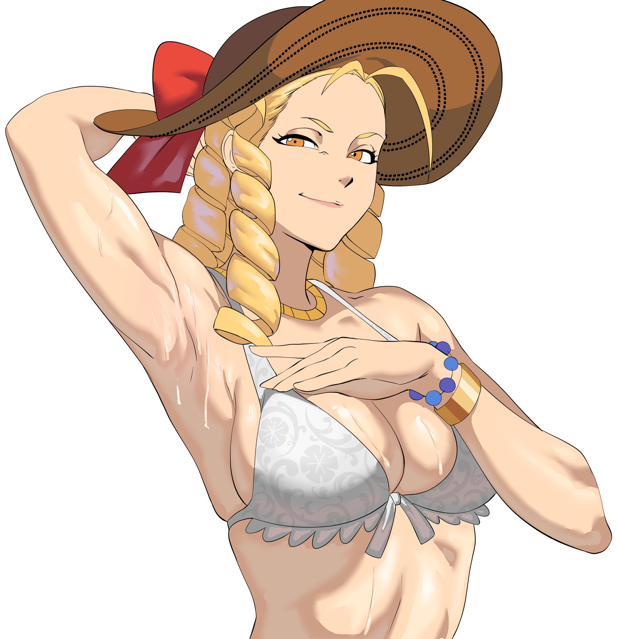 2d, armpits, arms up, bikini, blonde hair, breasts, busty, capcom, drill hair, female, female focus, female only, karin kanzuki, looking at viewer, octavius dp, street fighter, sweat