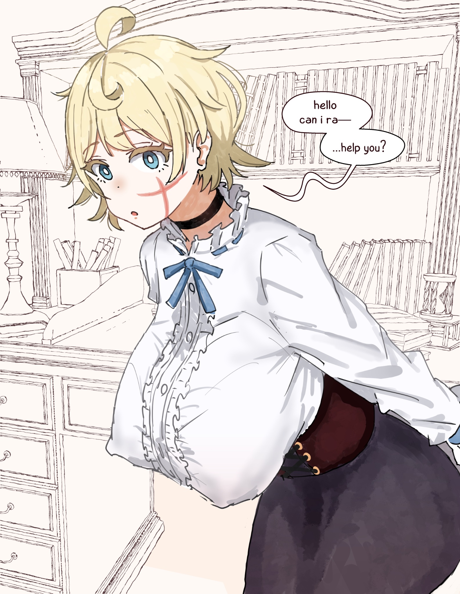 2025, ahoge, aiu404l, big ass, big breasts, blonde hair, blue eyes, boobs bigger than head, breasts, bulge through clothing, choker, comedic, comedy, corset, fat ass, female, huge breasts, imminent rape, large breasts, looking at viewer, meme, nipple bulge, scar, scar on face, scared, scars, text, text bubble, therapist, therapist (aiu404l), thick thighs, thighs, tits bigger than head, twitter link, twitter username