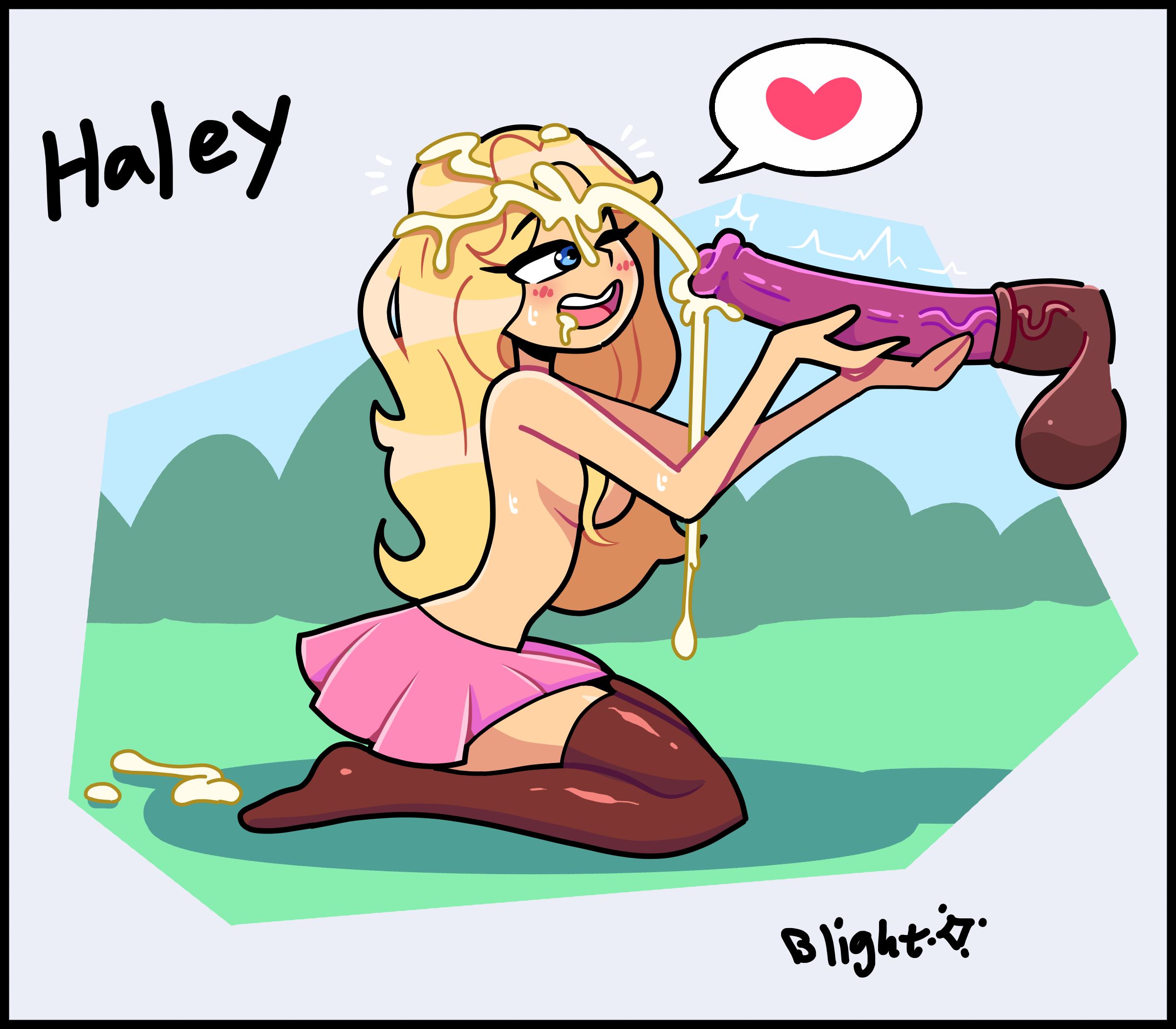 after sex, animal penis, blightstar, blonde hair, blue eyes, blush, breasts, character name, cum, cum in hair, cum on face, cumshot, equine, female, female on feral, feral, feral on female, feral on human, haley (stardew valley), hand on penis, handjob, horse, horsecock, human female, human on feral, kneeling, lifting penis, looking at penis, loving it, male, medium breasts, nipples covered, one eye closed, pale-skinned female, penis, side view, skirt, spoken heart, stardew valley, stockings, tagme, zoophilia