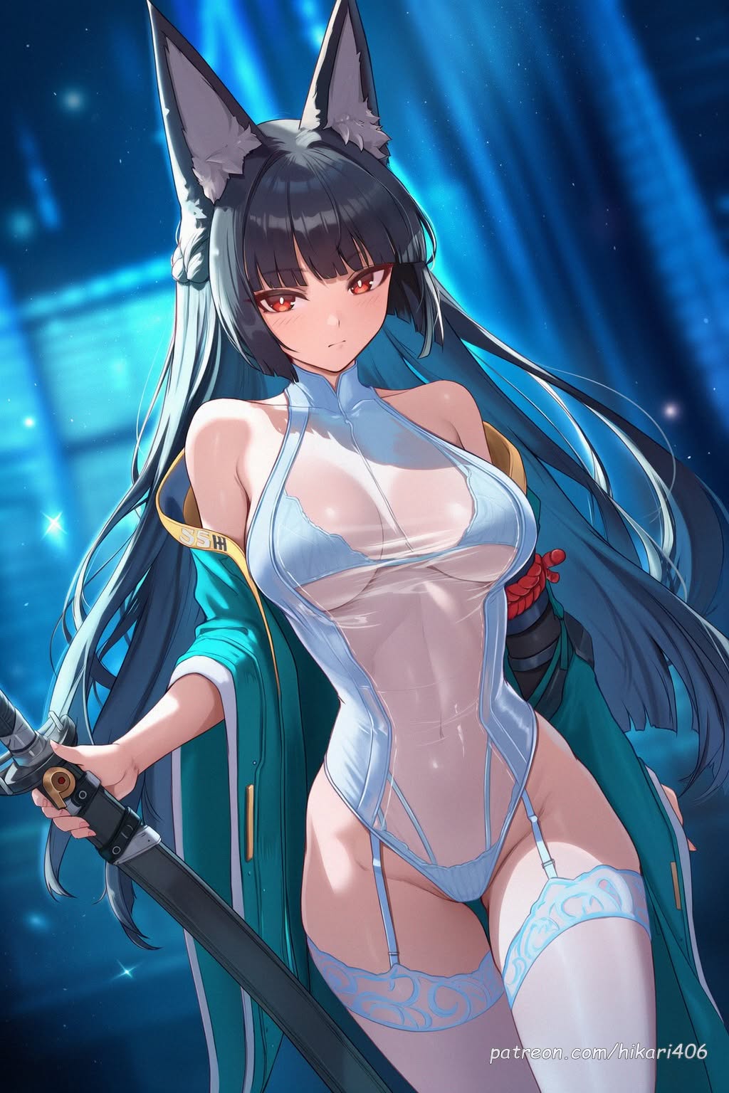ai generated, animal ear fluff, animal ears, bare shoulders, black hair, blunt bangs, braid, breasts, closed mouth, covered navel, female, fox ears, highleg, highleg leotard, hikari406, holding, holding sword, holding weapon, hoshimi miyabi, japanese clothes, katana, kimono, large breasts, leotard, long hair, long sleeves, looking at viewer, off shoulder, open clothes, red eyes, see-through, see-through leotard, sheath, solo, swimsuit, sword, thigh gap, thighhighs, thighs, uncensored, weapon, white leotard, white thighhighs, wide sleeves, zenless zone zero