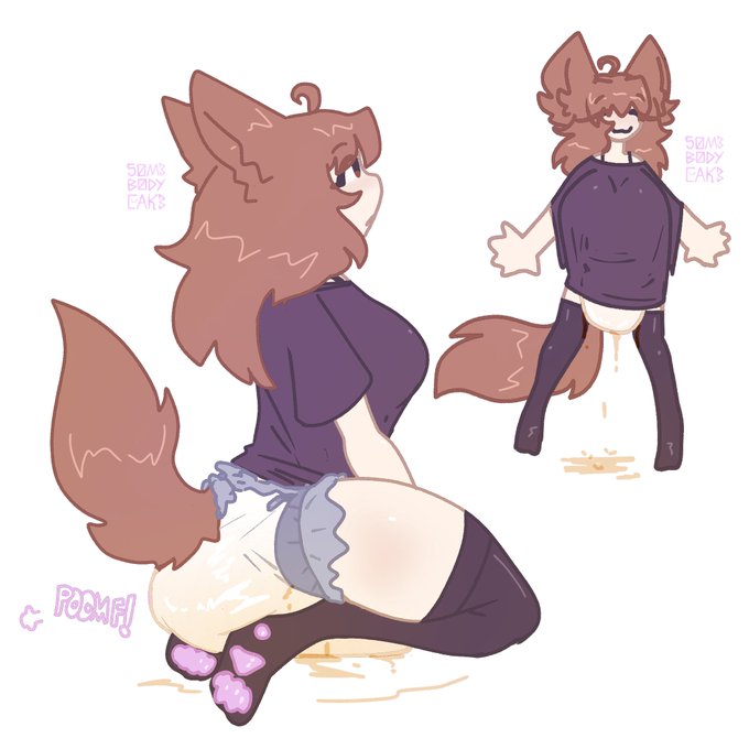 1girls, 50m3b0dyc4k3, abdl, animal ears, brown hair, diaper, female, kneeling, leaking diaper, leggings, peeing, standing, tagme, urine, watersports, wet diaper, wetting diaper