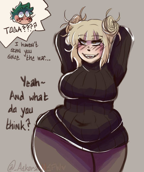 1boy, 1girls, askora, big breasts, breasts, female, green hair, himiko toga, izuku midoriya, male, my hero academia, sweater, thick thighs, white hair