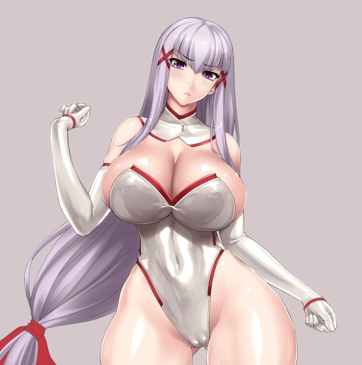 bangs, bare legs, bare shoulders, blush, breasts, cameltoe, cleavage, clenched hands, covered navel, cowboy shot, detached collar, elbow gloves, enjou sakuya, female, frown, gloves, grey background, groin, hair ornament, hair ribbon, hairclip, hand up, head tilt, highleg, highleg leotard, highres, hips, huge breasts, lavender hair, legs, leotard, long hair, looking at viewer, low-tied long hair, neck, original, purple eyes, pussy, revealing clothes, ribbon, rindou (radical dream), rindou aya, serious, shiny, shiny clothes, shiny hair, shiny skin, sideboob, sidelocks, silver hair, simple background, solo, standing, strapless, thick thighs, thighhighs, thighs, thong leotard, turtleneck, very long hair, white gloves, white legwear, wide hips