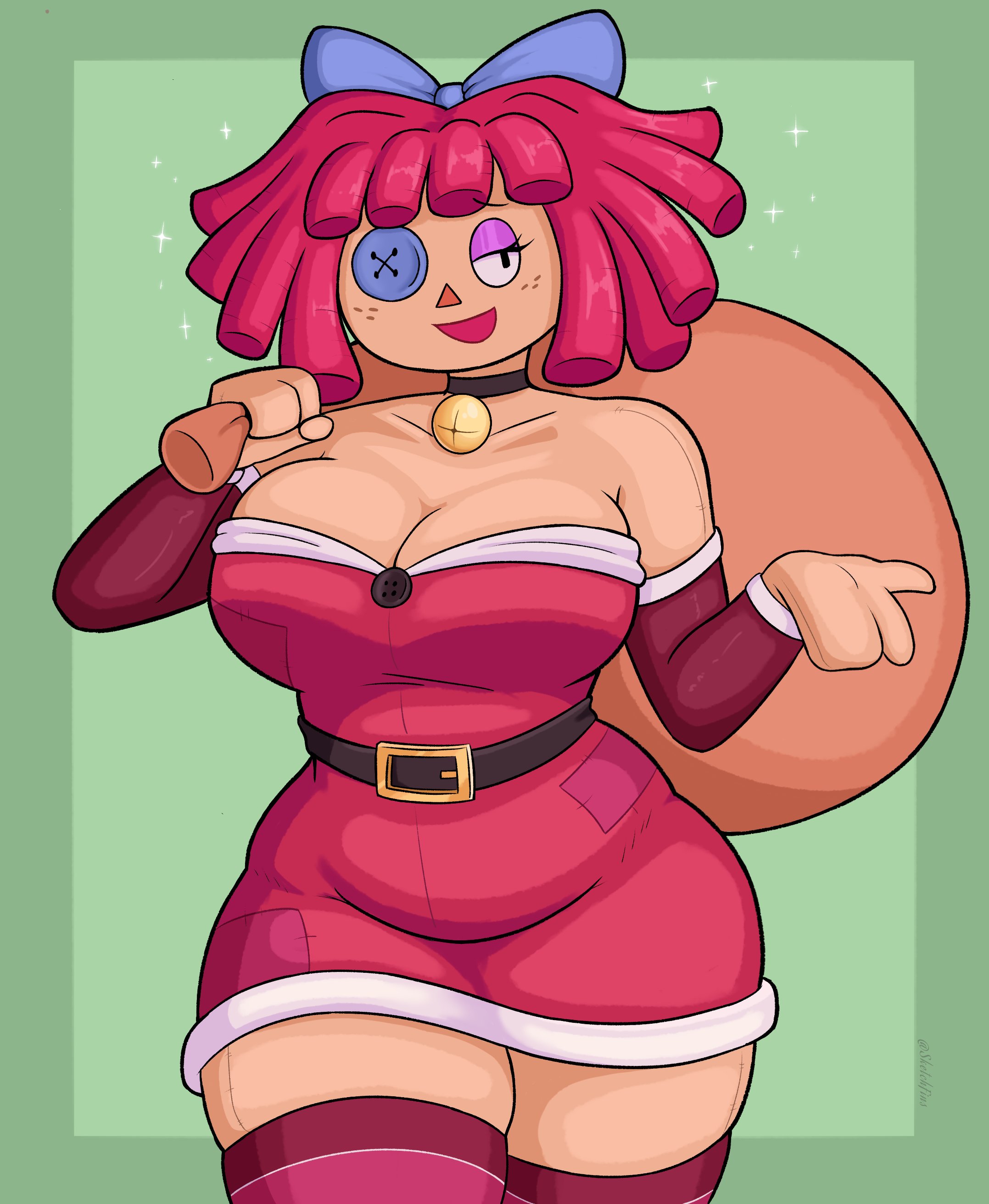 1girls, absurd res, absurd resolution, absurdres, bare shoulders, big breasts, black eyes, breasts, busty, choker, christmas, christmas clothing, christmas outfit, chubby, chubby female, cleavage, curvaceous, curvy, curvy female, curvy figure, cute, doll, doll girl, dress, female, female focus, female only, freckles, freckles on face, front view, glitch productions, hair bow, hairbow, half-closed eyes, hi res, high resolution, highres, holidays, how, large breasts, love handles, medium hair, narrowed eyes, ragatha, ragatha (the amazing digital circus), red hair, sack, sketchfins, slightly chubby, slightly chubby female, solo, solo female, solo focus, tagme, the amazing digital circus, thick thighs, thighhighs, thighs, tummy bulge, viewed from front, voluptuous, voluptuous female, xmas
