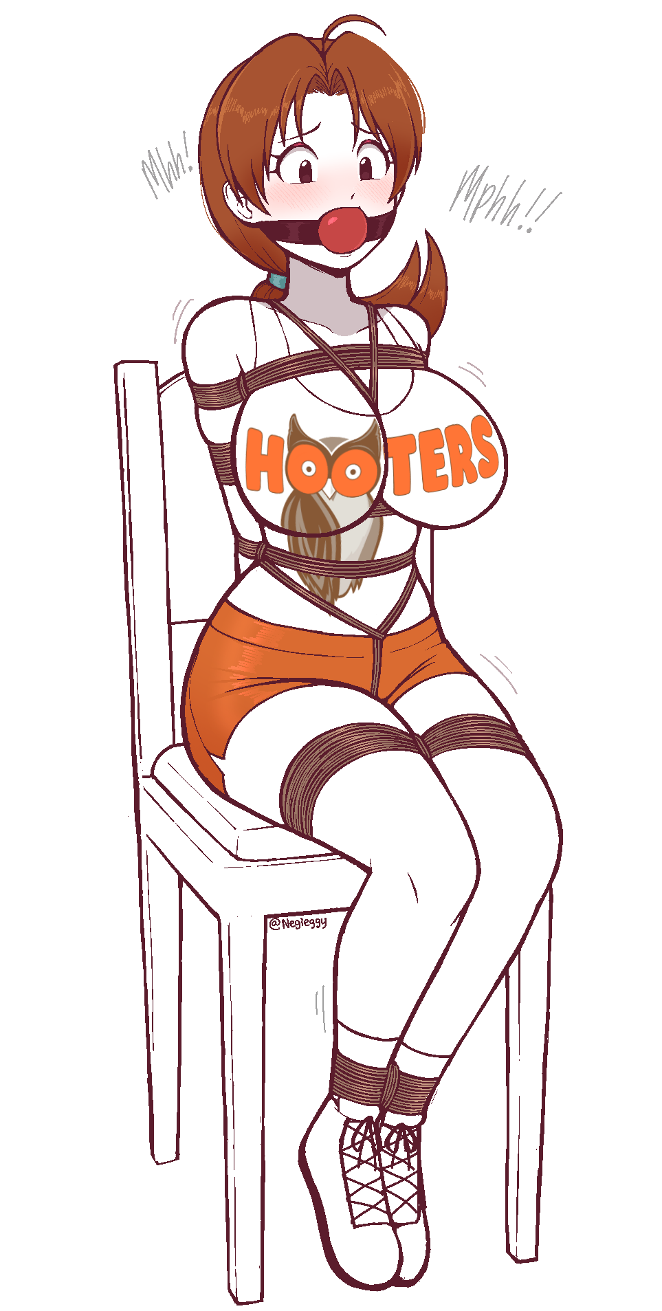 1girls, arms behind back, arms tied behind back, ball gag, blush, bondage, bound, bound ankles, bound arms, bound legs, bound thighs, breast bondage, breasts, brown hair, chair, chair bondage, crotch rope, delia ketchum (pokemon), female, female only, gag, gagged, hooters, hooters uniform, milf, mother, negieggy, pokemon, rope bondage, short shorts, solo female