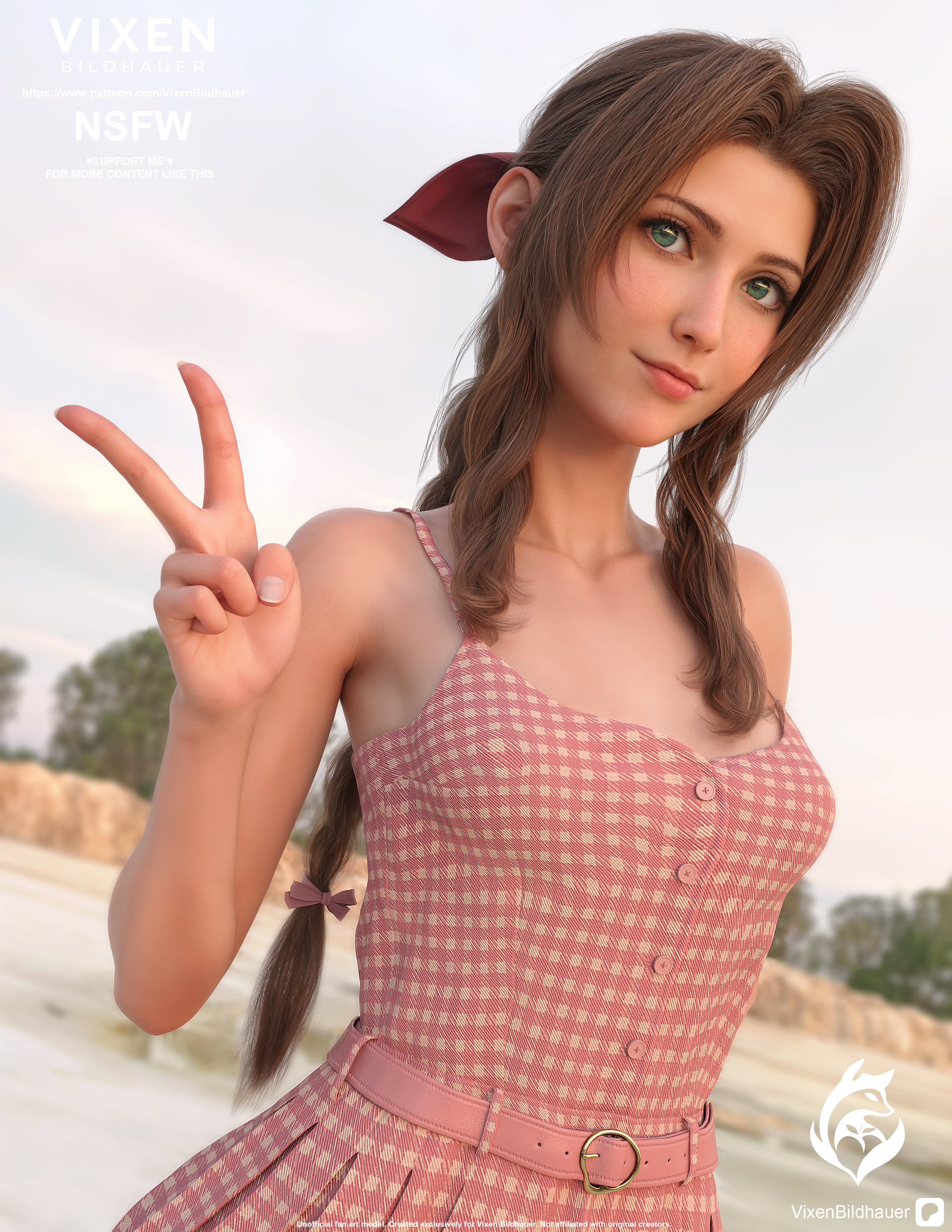 1girls, 3d, aerith gainsborough, aerith gainsborough (floral delight), aerith gainsborough (pink mermaid), beach, belt, belt buckle, blonde female, blonde hair, breasts, cute, cute face, dress, female, final fantasy, final fantasy vii, final fantasy vii rebirth, final fantasy vii remake, green eyes, petite, petite body, petite breasts, petite female, petite tits, pink nipples, pink skin, small breasts, teenage female, teenager, teeth, vixen bildhauer