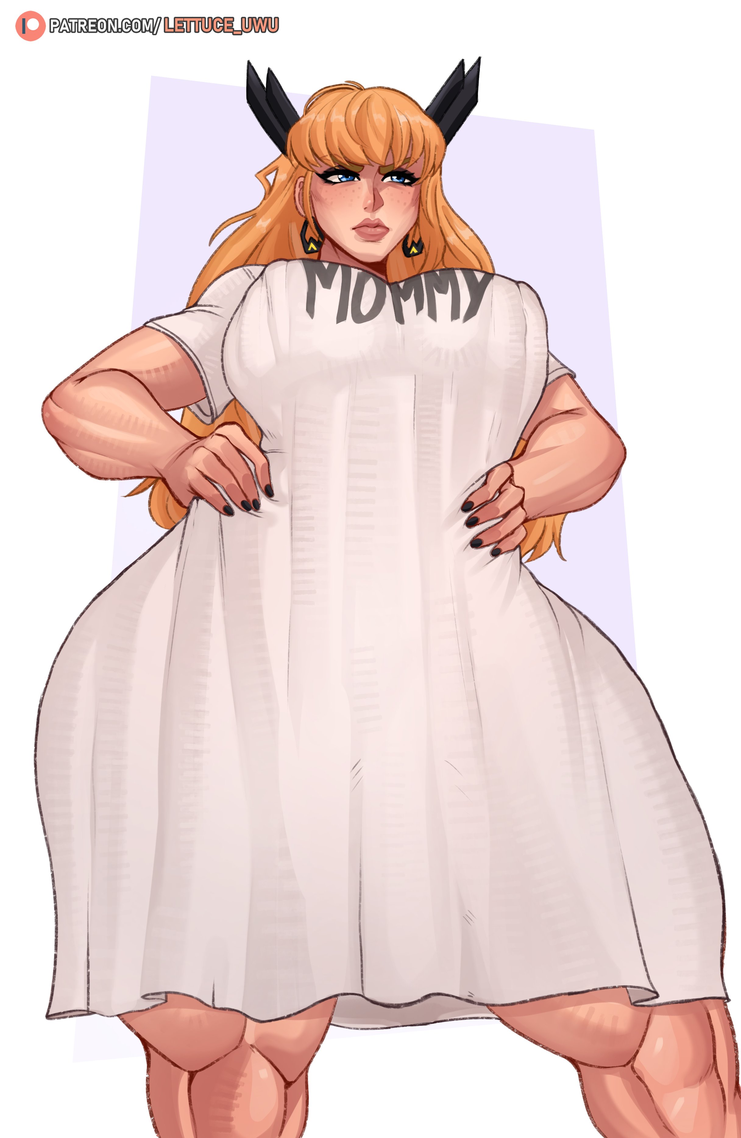 1girls, alternate version available, big breasts, black nail polish, black nails, blonde hair, blue eyes, breasts, dress shirt, ear piercing, earrings, female, female only, freckles, freckles on face, hair, hands on hips, hips, horns, huge breasts, lettuce uwu, lips, long hair, magik (illyana rasputin), magik (marvel rivals), marvel, marvel comics, marvel rivals, muscular, muscular female, nail polish, nails, shirt, solo, solo female, thighs, white shirt, wide hips