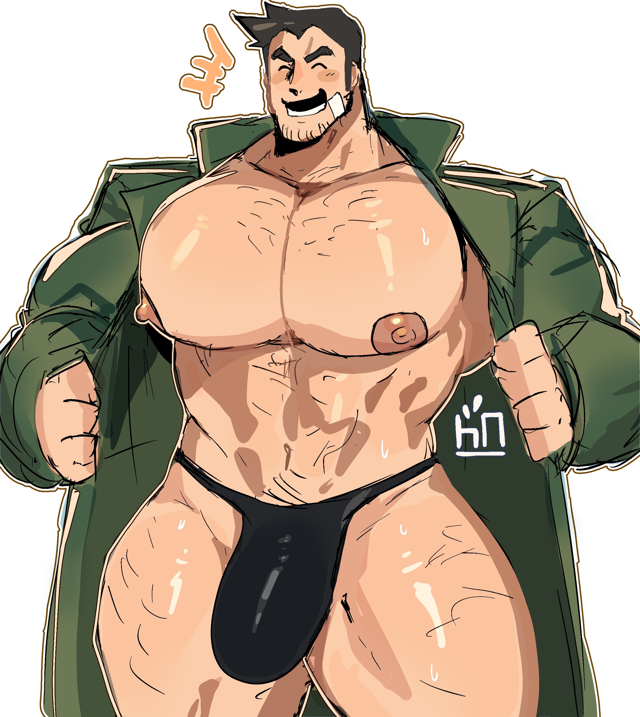 1boy, ace attorney, bara, bara tits, big breasts, big bulge, big chest, big pecs, breasts, bulge, dick gumshoe, homfnomf, huge chest, huge pecs, male, male only, nipples, thong, yaoi