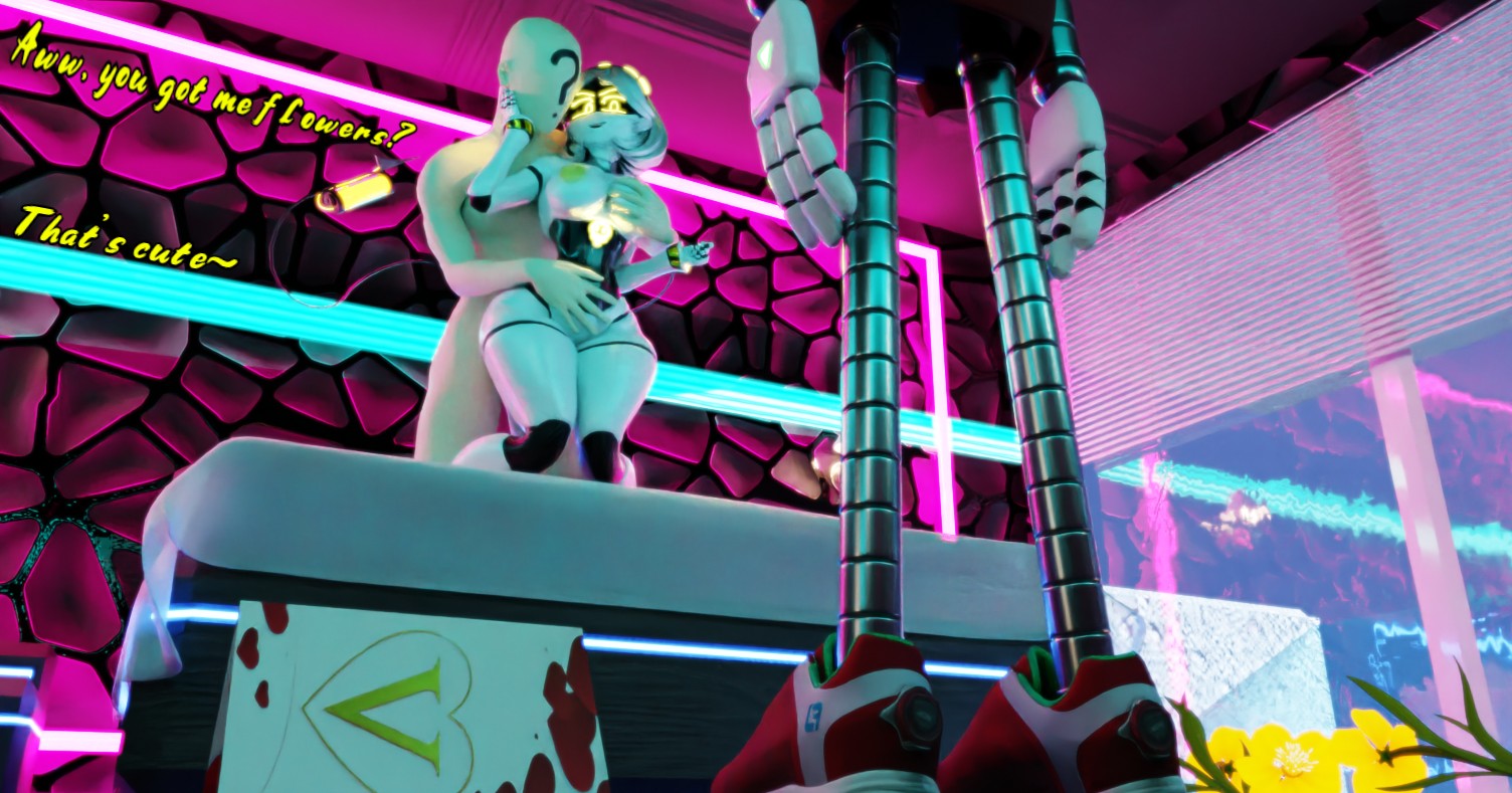 2boys1girl, 3d, anon, armac104, bed, blender, breasts, cuckold, disassembly drone, english text, female, flower, from behind, fuck you, gift, glitch productions, grabbing another's breasts, grabbing from behind, human, human on humanoid, human on robot, humiliation, insult, male, male/female, murder drones, murder drones x humans, neon lights, netorare, robot, robot boy, robot girl, smirking, thad (murder drones), v (bysamzan), v (murder drones), white body, worker drone, you