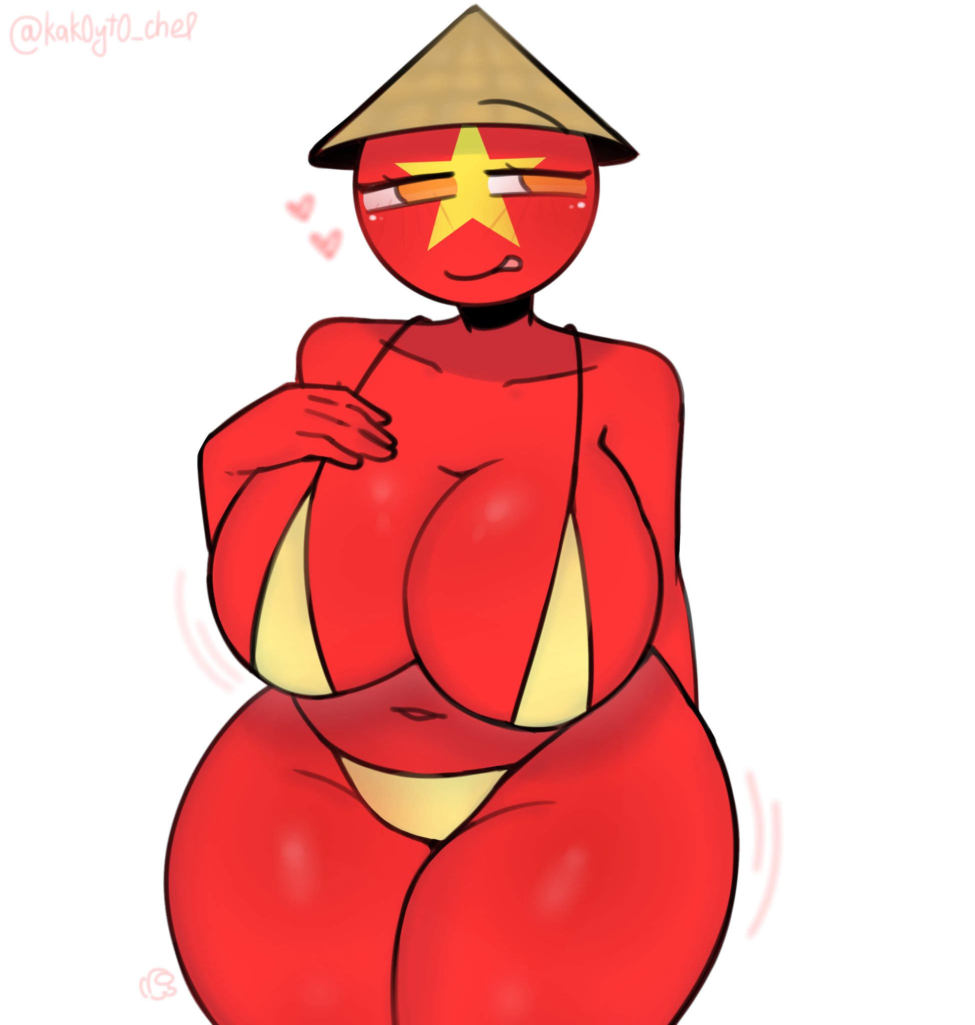 1girls, amogus, among us reference, big ass, big breasts, big butt, bikini, breasts, countryhumans, countryhumans girl, female, female only, hand on breast, heart symbol, kak0yt0 chel, simple background, tounge out, twitter username, vietnam (countryhumans)