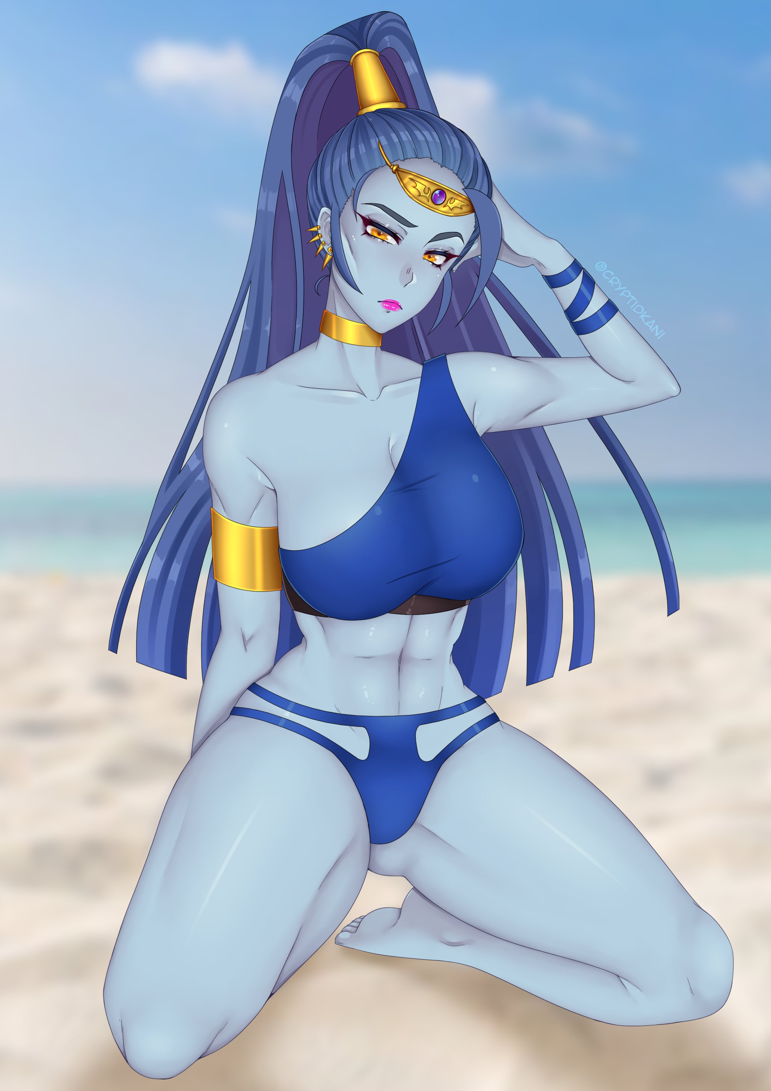 1girls, big breasts, bikini, blue bikini, blue skin, blue swimsuit, breasts, cleavage, collarbone, cryptid crab, female, hades (game), kneeling, lipstick, long hair, looking at viewer, megaera (hades), pink lipstick, ponytail, solo, solo female, swimsuit