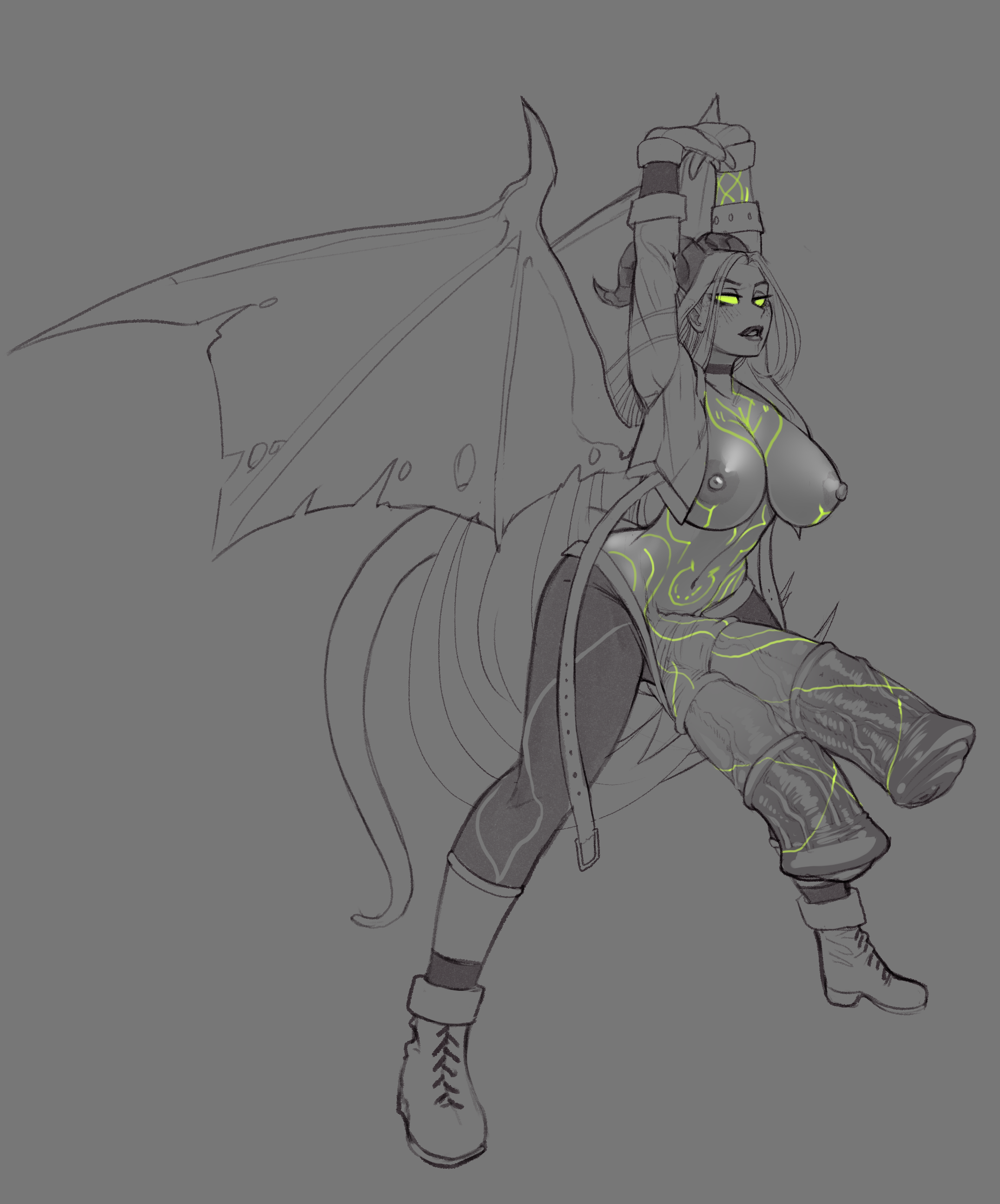 1futa, 2023, big breasts, big penis, breasts, cammy white (cosplay), choker, clariarikari, clothing, demon horns, demon wings, diphallia, diphallism, flared penis, foreskin, freckles, futa sans balls, futanari, green eyes, horsecock, horsecock futa, human, lips, looking to the side, meroulix lebeau, monochrome, multi genitalia, multi penis, nipples, open clothes, open jacket, open jeans, penis, posing, precum, sheath, street fighter, tail, tattoos, uncensored, uncircumcised, veiny penis, warcraft, world of warcraft